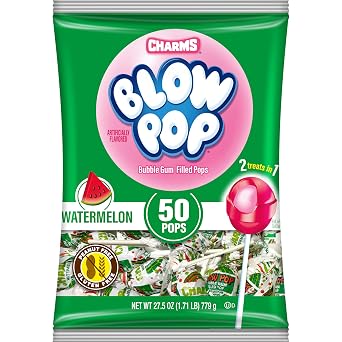 Charms Blow Pop Single Flavor Bag - Watermelon Flavored Lollipops with a Bubble Gum Center - Individually Wrapped Hard Candy - Pink Candy - Peanut Free, Gluten Free, 50 Count Pack of 1