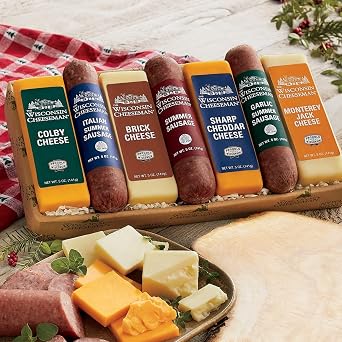 2 Holiday Gift Boxes - The Wisconsin Cheeseman Meat and Cheese Combo | Italian, Original and Garlic Summer Sausages, Colby, Brick, Sharp Cheddar, and Monterey Charcuterie Gift Basket Set