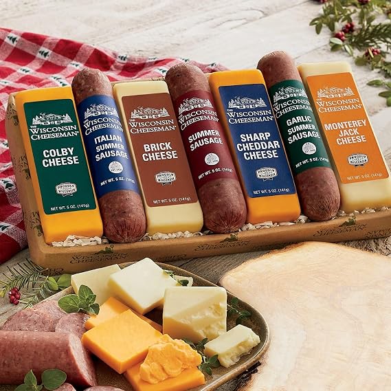 2 Holiday Gift Boxes - The Wisconsin Cheeseman Meat and Cheese Combo | Italian, Original and Garlic Summer Sausages, Colby, Brick, Sharp Cheddar, and Monterey Charcuterie Gift Basket Set