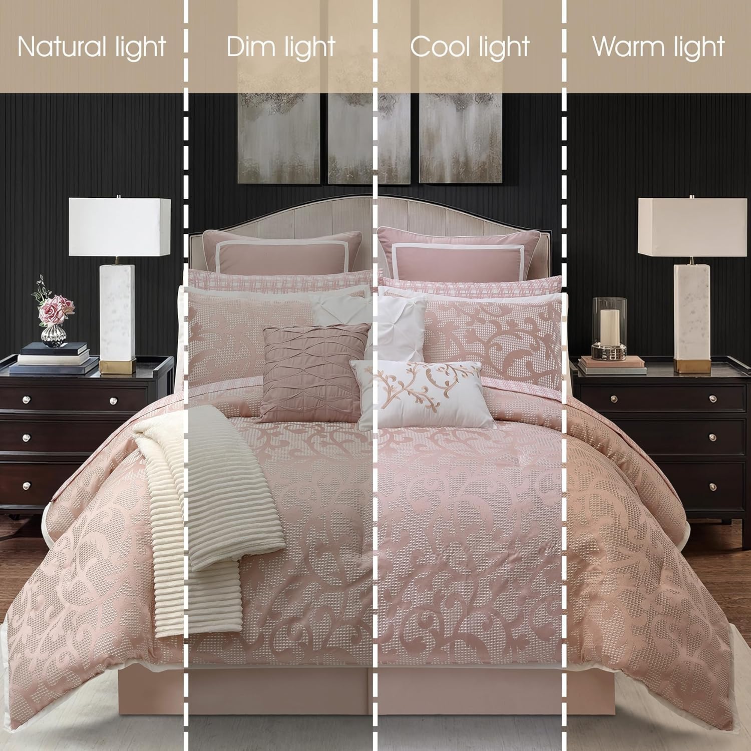 Grand Avenue Blush Paisley Comforter Set King Size, 14 Piece, Jacquard Bedding Sets & Collections,1 Flat Sheet,1 Fitted Sheet, Pillow Shams Bedskirt