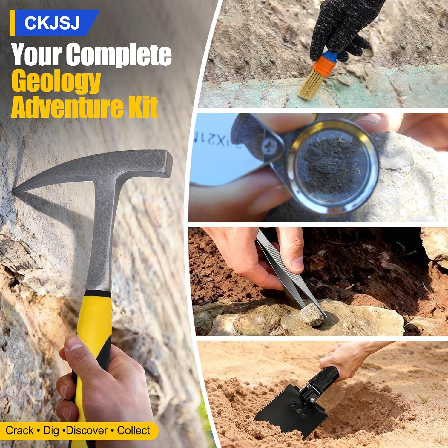 14PCS Geology Rock Hounding Kit, 30oz Rock Pick Hammer with 12" Chisel, Gold Mining & Prospecting Equipment Tool with Backpack, Shovel, Magnifier, Whistle