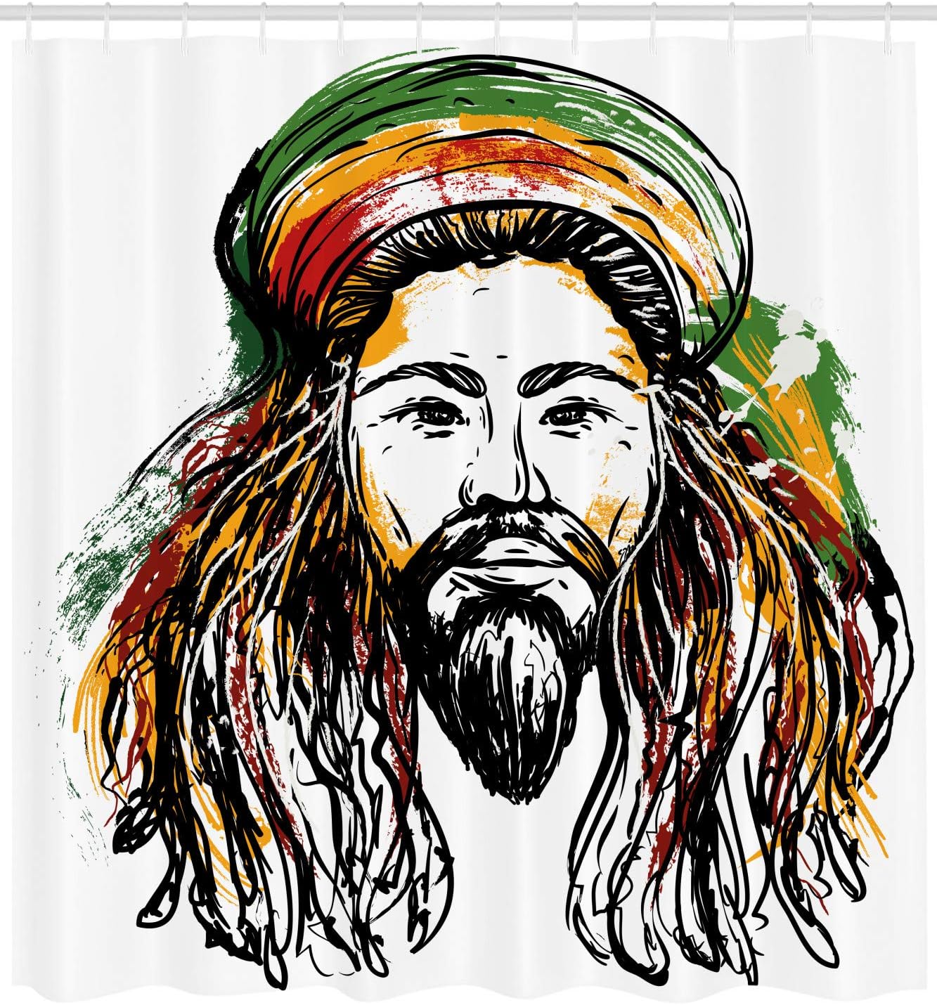 Ambesonne Rasta Shower Curtain, Rasta Man Jamaican Island Theme Reggae Folk Culture Concept Sketchy Portrait Image, Cloth Fabric Bathroom Decor Set with Hooks, 69" W x 75" L, Black Green
