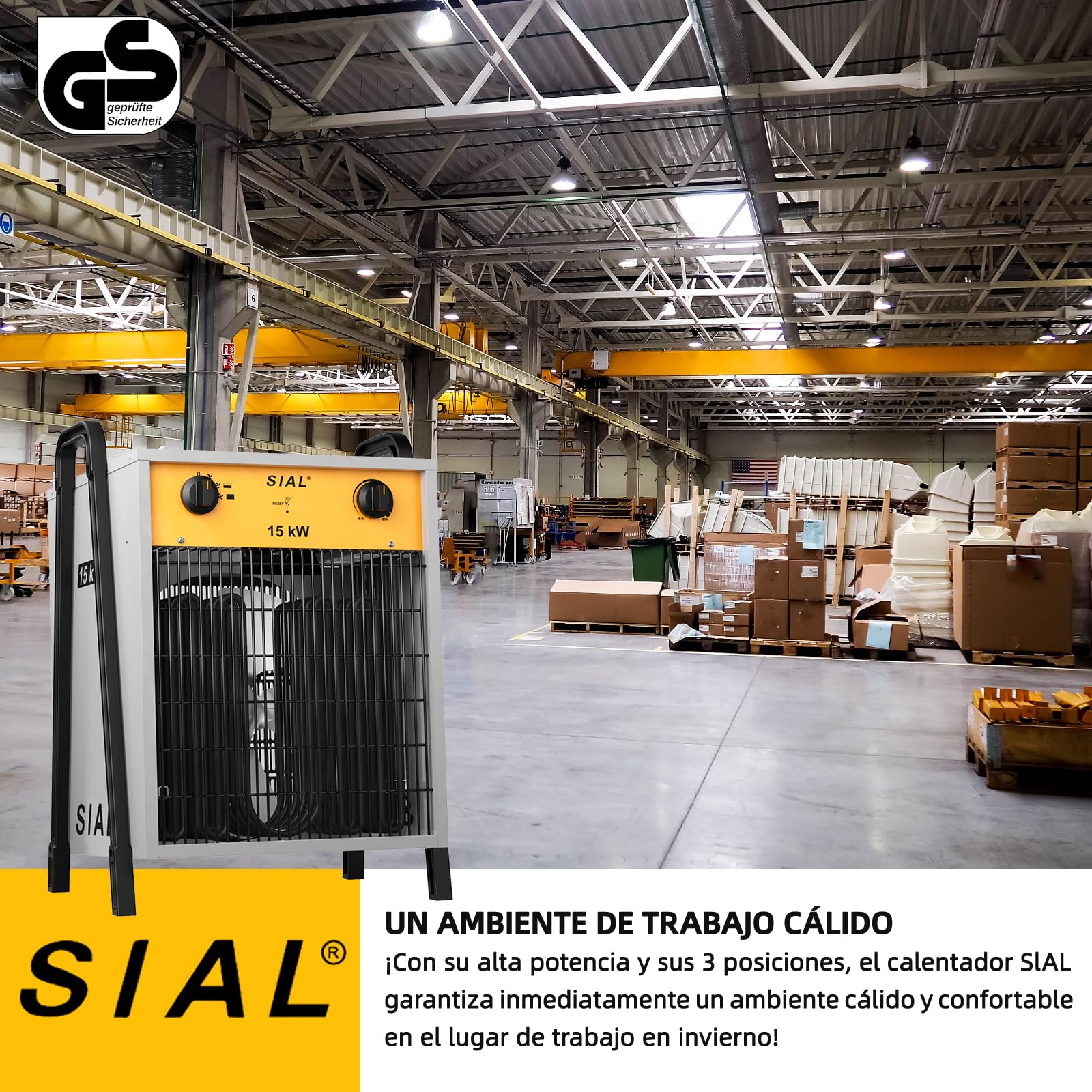SIAL Calefactor 15000 W - Radiador Electrico Heizlüfter 1.5KW- Calentador Industrial - 3 Niveles de Calor - Termostato & Protección Contra Sobrecarga - Ventilador de Calefacción