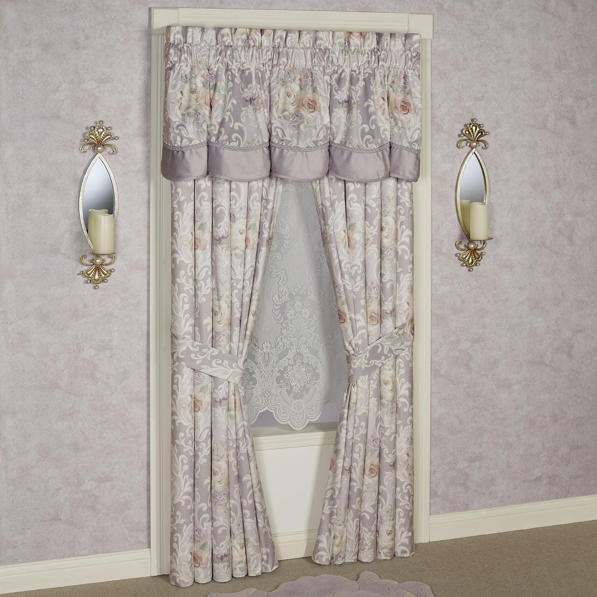 Romantica Traditional Luxury Window Treatment | Rod Pocket | Floral, Damask, Scroll | Blush, Lavender, Ivory | Polyester Velvet | 2 Pc Window Set: 84L Curtain Panel Drapery Pair and Scalloped Valance