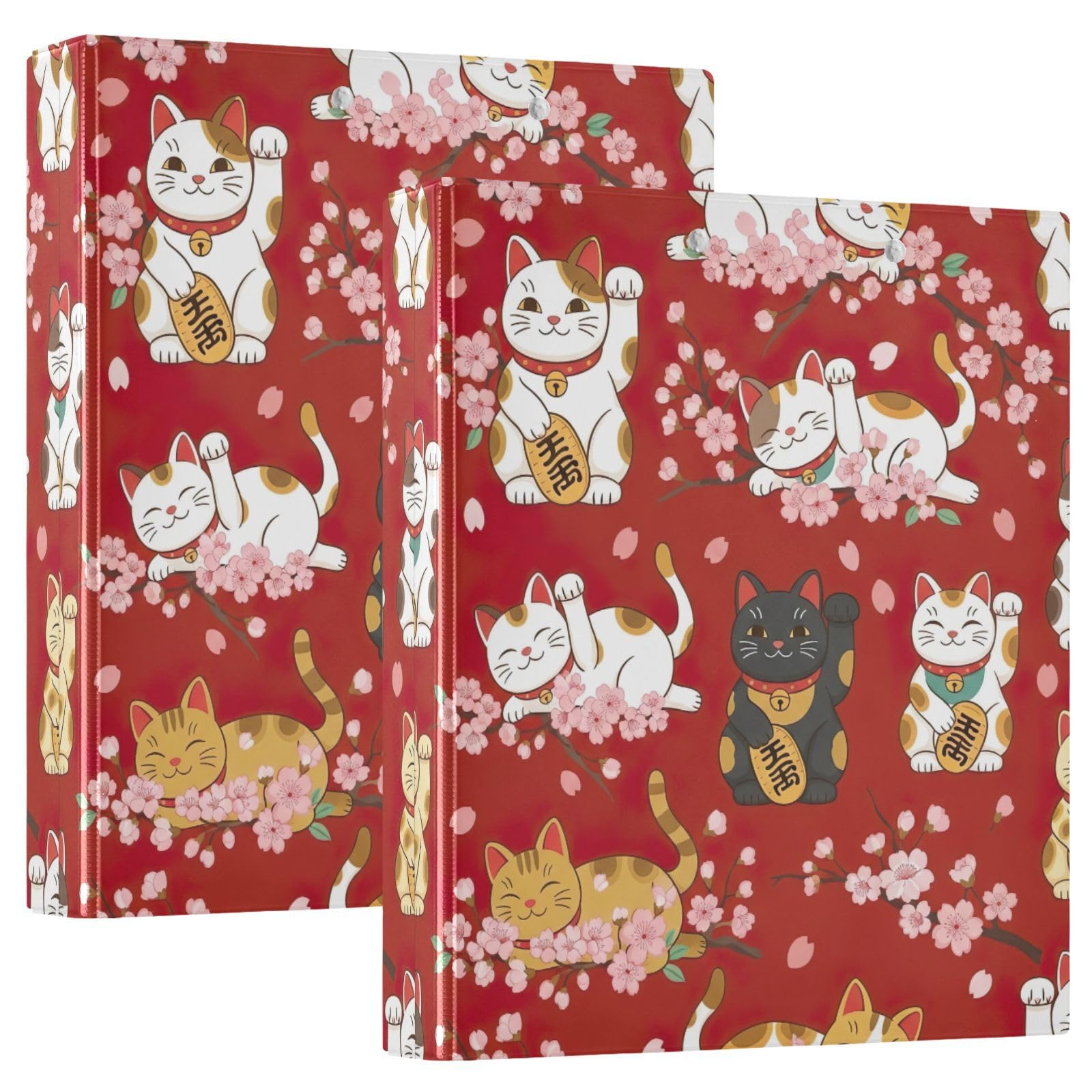 Carpeta de 3 anillas, lindas flores de gatos japoneses, color rojo, carpeta de anillos en D con bolsillos, paquete de 2