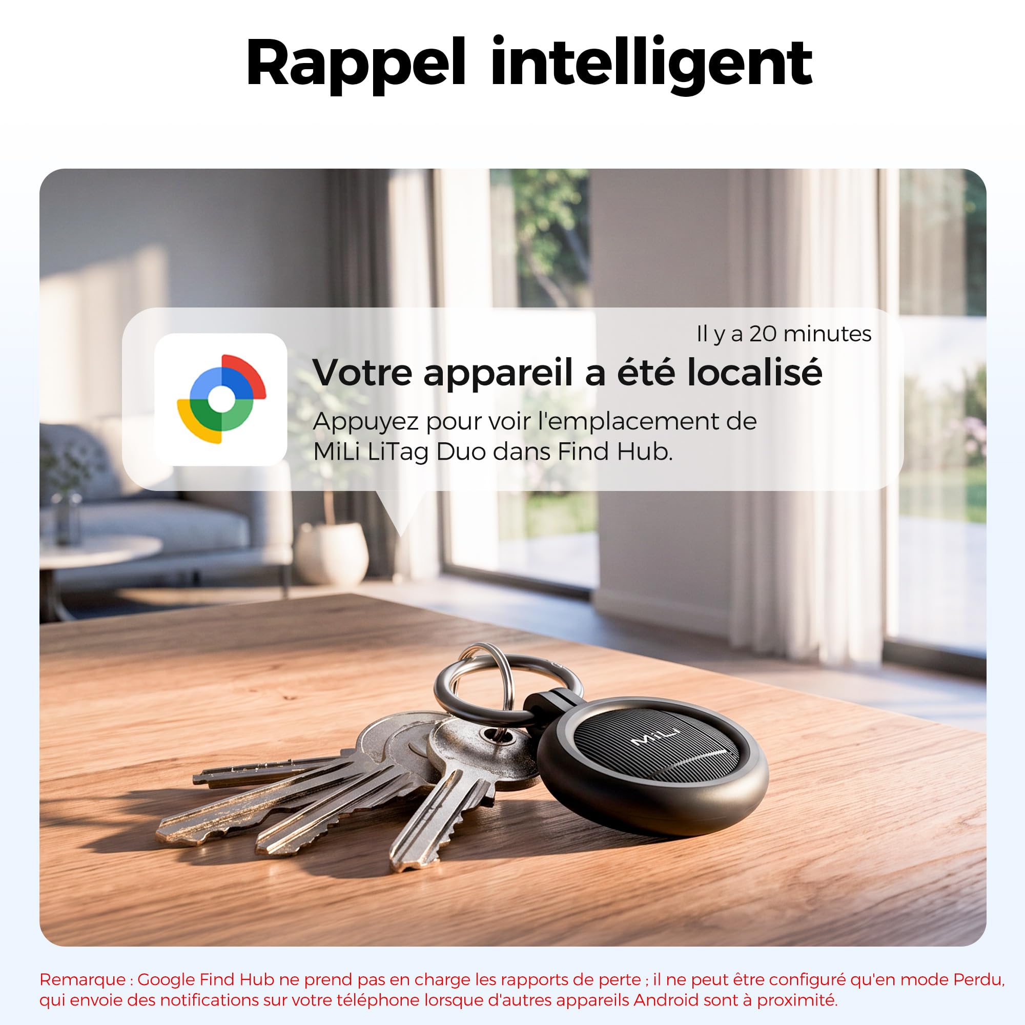 MiLi LiTag Duo Tracker Intelligent Lot de 4 pour iOS et Android, Localisateur de Clés Compatible avec Apple Localiser ou Android Localiser, Pile CR2032, pour Clés, Portefeuille et Bagages, Noir