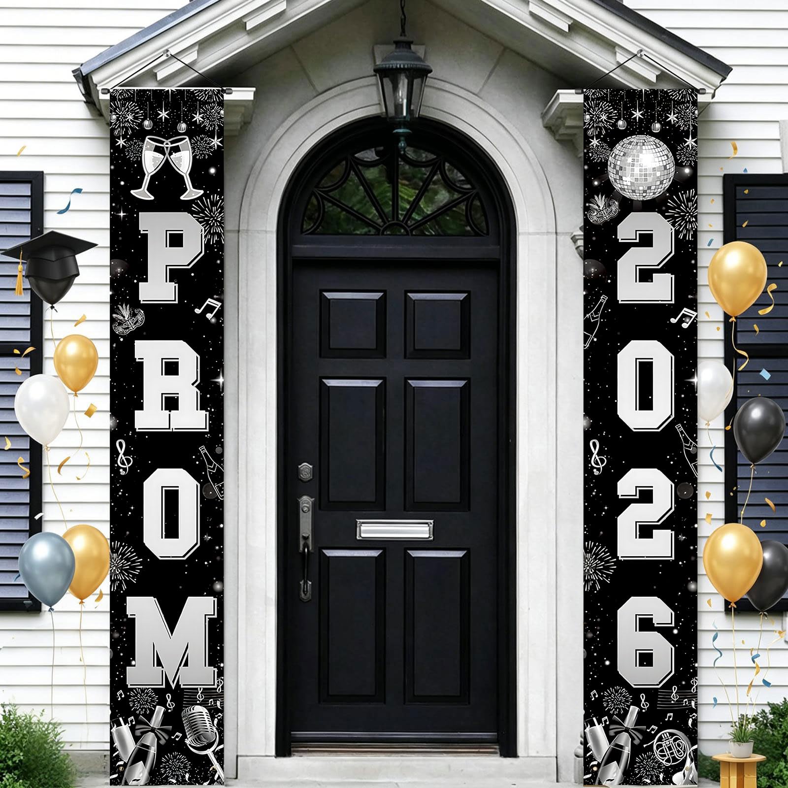 Prom 2026 Porch Banners, Prom Night Party Decorations, Black Silver Prom 2026 Porch Sign, Graduation Send off Door Banner for High School College Students Congrats Grad Party Supplies 180 x 30cm