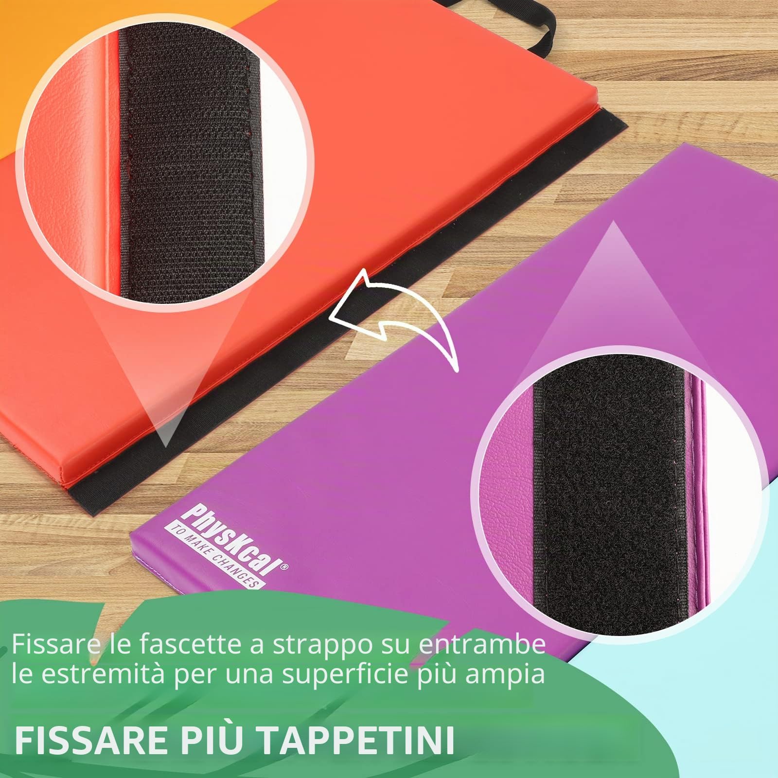 PhysKcal Tappetino ginnastica pieghevole a 5 pannelli con maniglie | Superficie antiscivolo in ecopelle con imbottitura spessa per yoga, pilates, ginnastica e attività ricreative a casa.