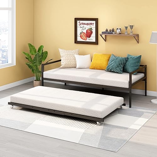 Miniatura 5 de HOMERECOMMEND Sofá cama de metal de tamaño individual con nido y listones de metal resistente, soporte para sofá cama, plataforma doble, base de