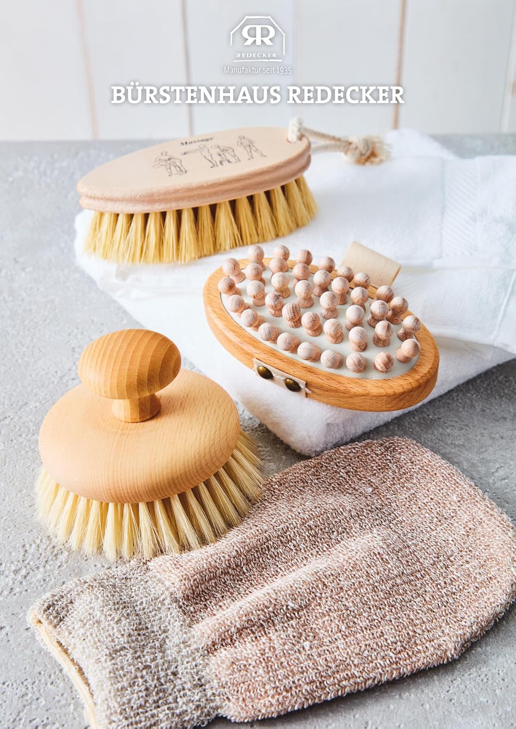 Redecker Natural Pig Bristle Massage Brush with Oiled Beechwood Knob, 3-7/8-Inches