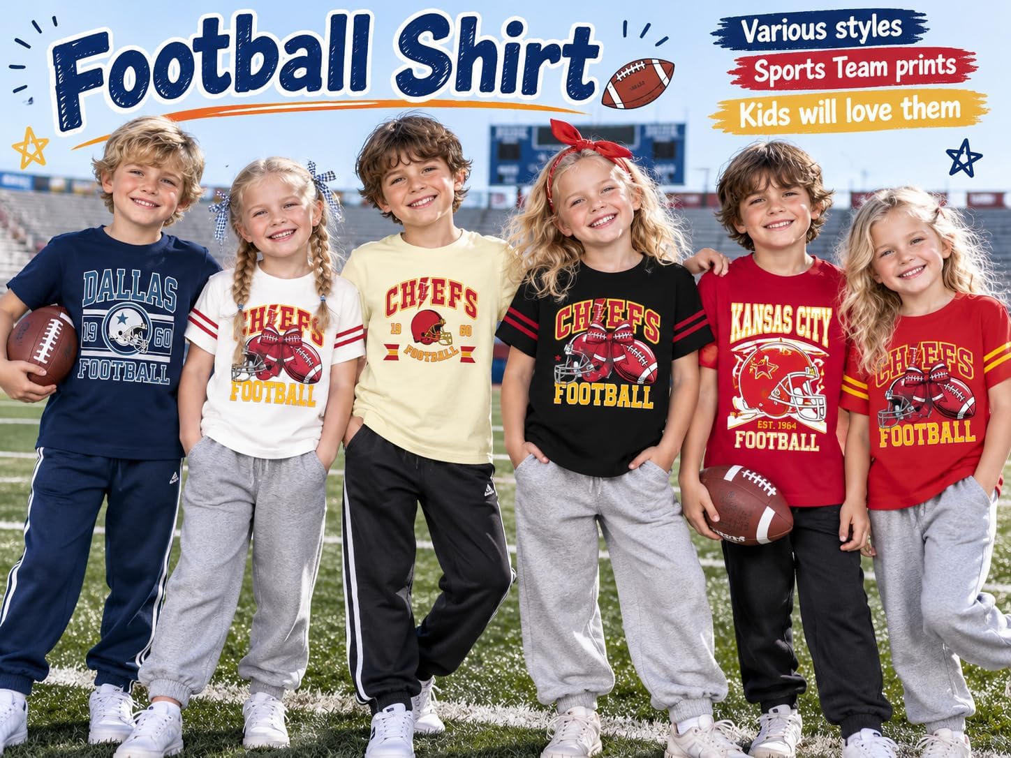 Kids Girl Boy Game Day Football T-Shirt Short Sleeve Sports Team Fans Tees