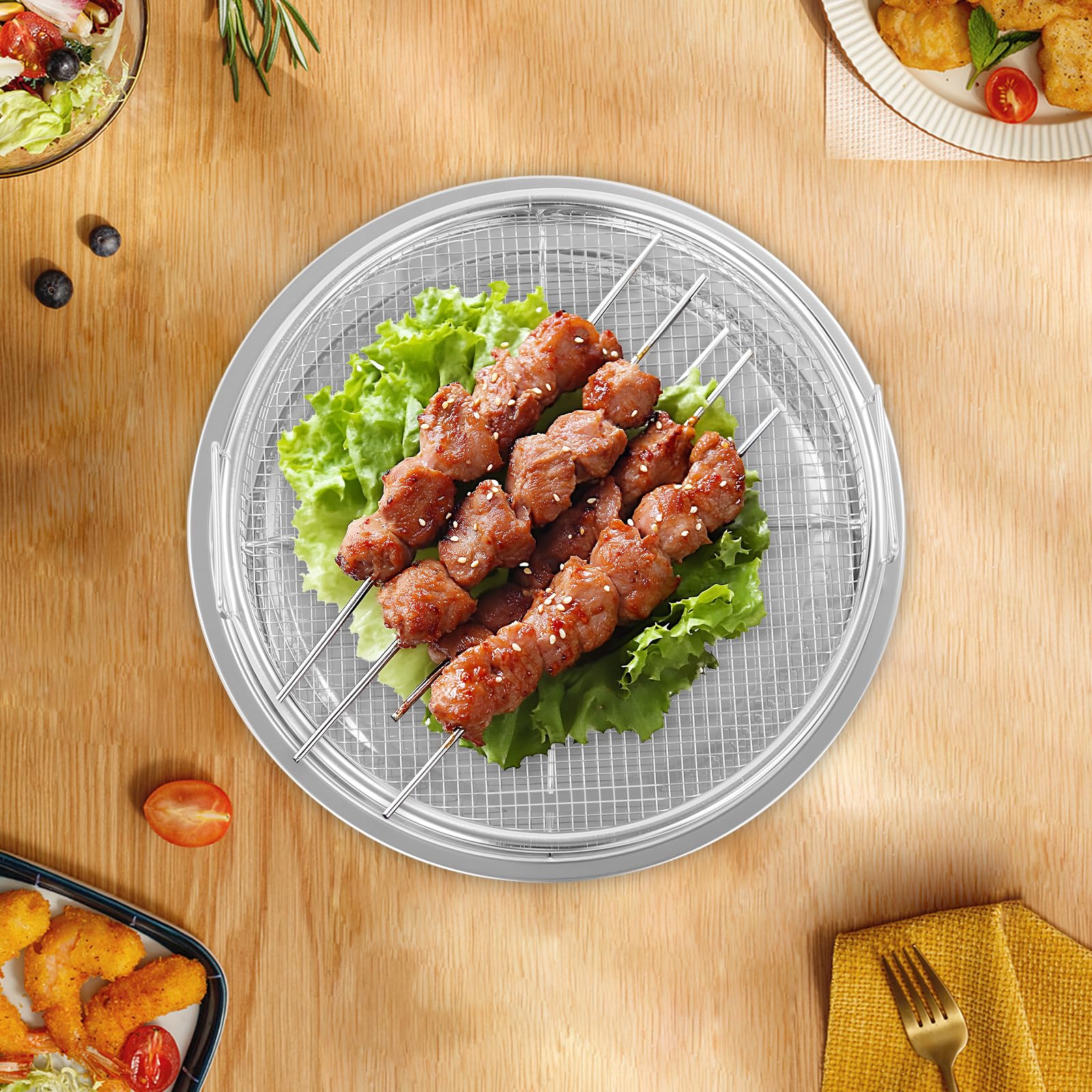 Griglia per barbecue, griglia per forno, griglia per barbecue, cestino in acciaio al carbonio, cestino per barbecue con manico, teglia per pollo, pesce, verdure (argento, rotondo)