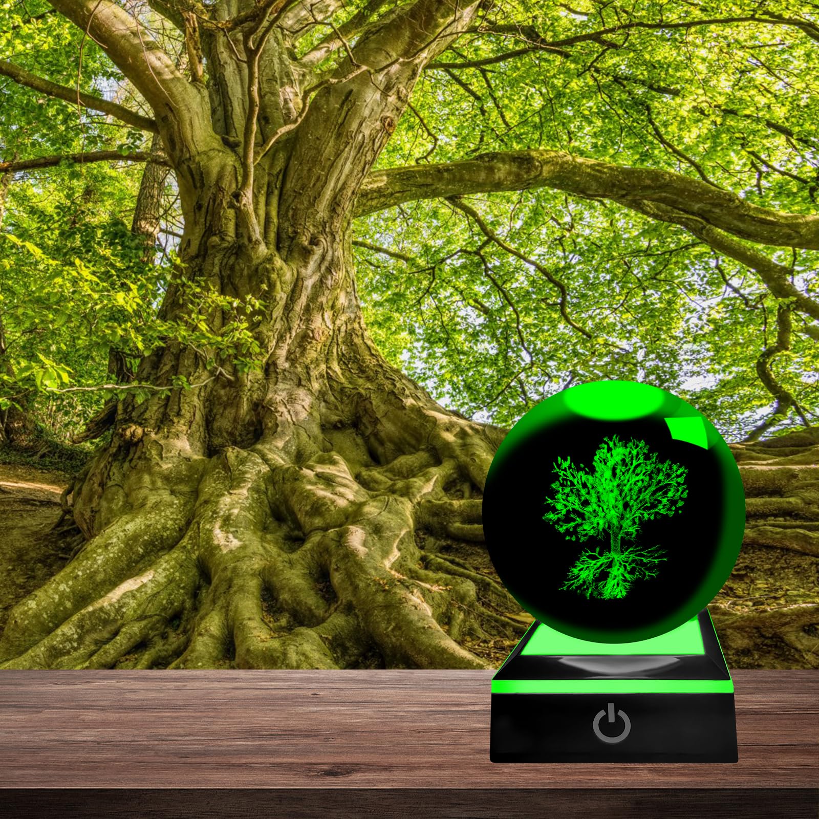 7 Sfera di cristallo di vetro colorato con lampada a LED Supporto in legno Chakra Sfere naturali Luce notturna Sfera di cristallo incandescente for regalo di compleanno Ornamento Decorazione della cas