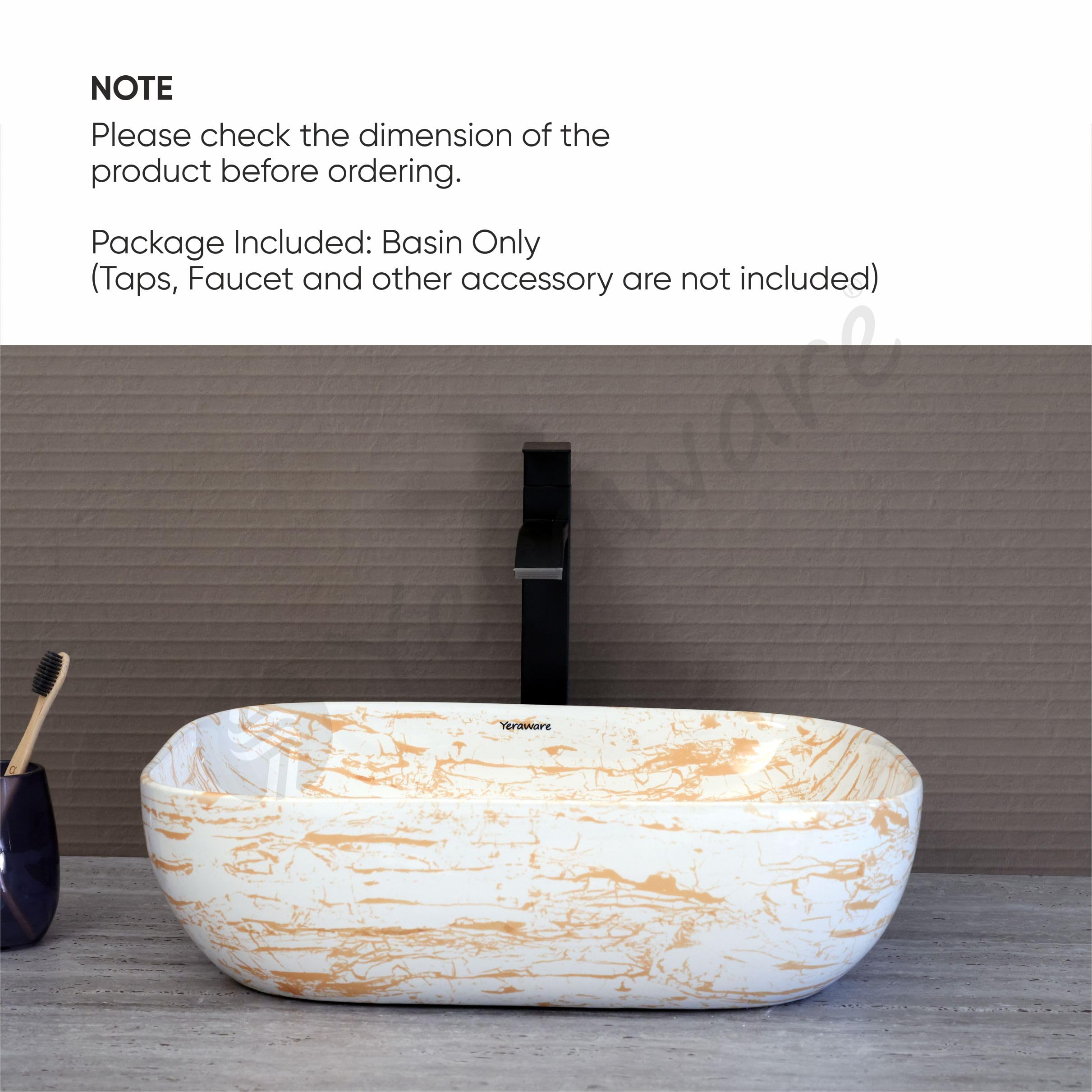 YERAWARE Premium Designer Ceramic Countertop Wash Basin For Bathroom | Stylish Tabletop Sink for Living Room, Hotels, Office & Restaurant (18 x 13 x 5 Inch) (Gold Marble Streaks) 2