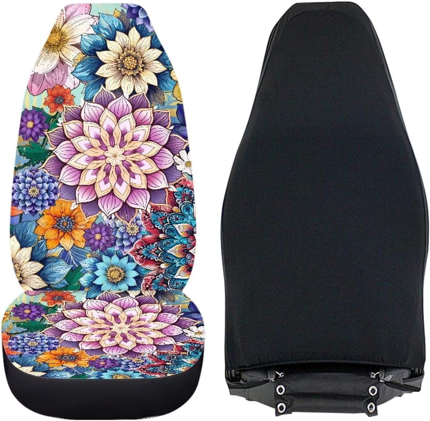 INSTANTARTS Bright Blossoms Vehicle Protector Front Seats Covers Boho Mandala Floral Car Seat Covers Front Seats Only 2 Pieces Bucket Seat Cover for Women