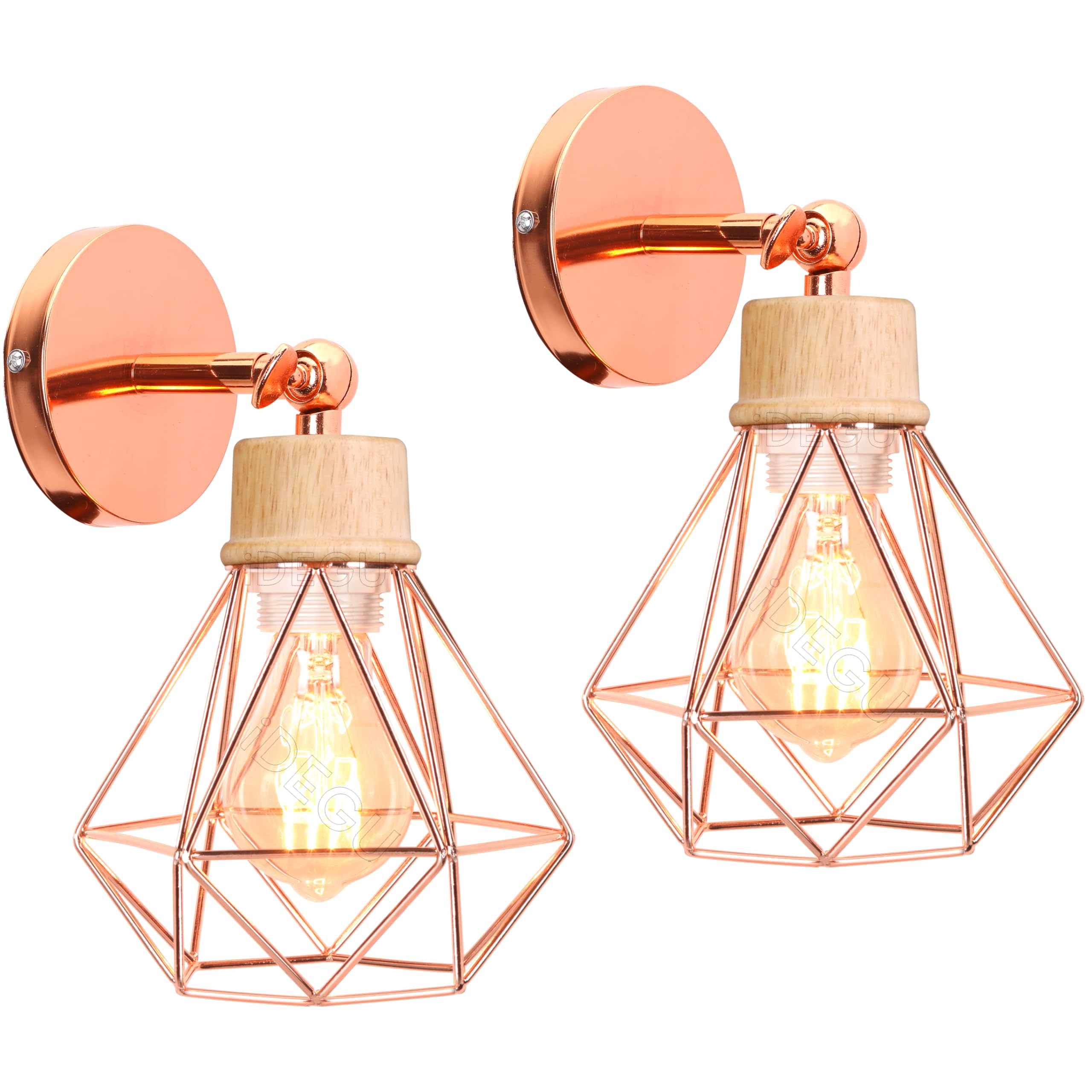 iDEGU Lot de 2 Appliques Murales Interieures Industrielle 16cm Luminaire Plafonnier en Bois et Métal Design Cage Réglable Lampe Murale Vintage E27 Éclairage Mural pour Salon Cuisine Chambre (Or Rose)