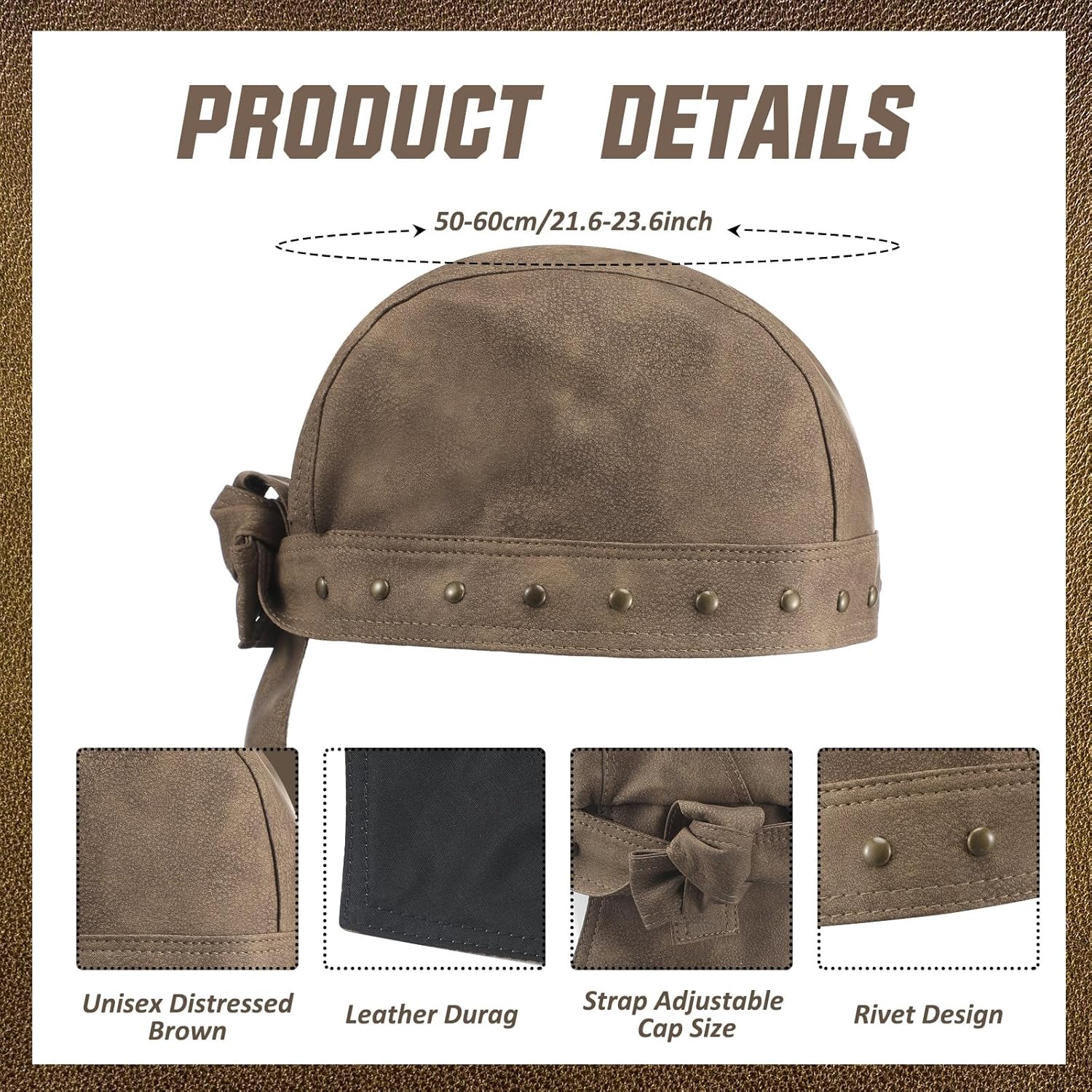 Mepase Distressed Brown Studs Motorcycle Leather Cap Unisex Cycling Bandana Doo Rags Adjustable Skull Cap Leather Skull Caps - Image 2