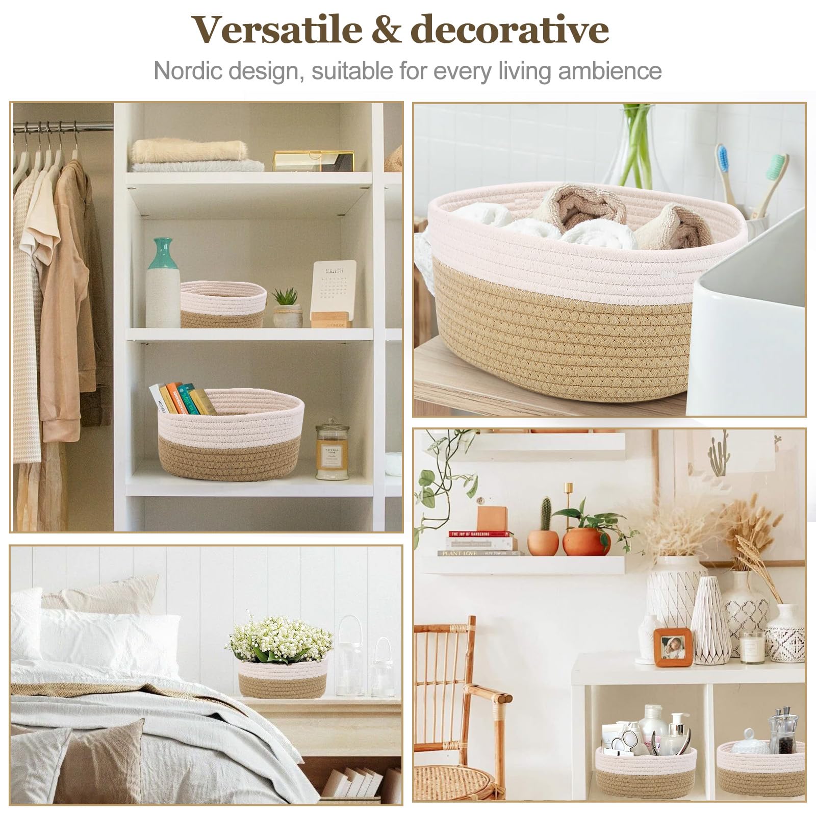 5er Set Baumwollseil Aufbewahrungskorb,Körbchen Wickeltisch Organizer Korb Aufbewahrung,Storage Basket für Bad Badezimmer Kinderzimmer Wickeltisch(Weiß & Jute)