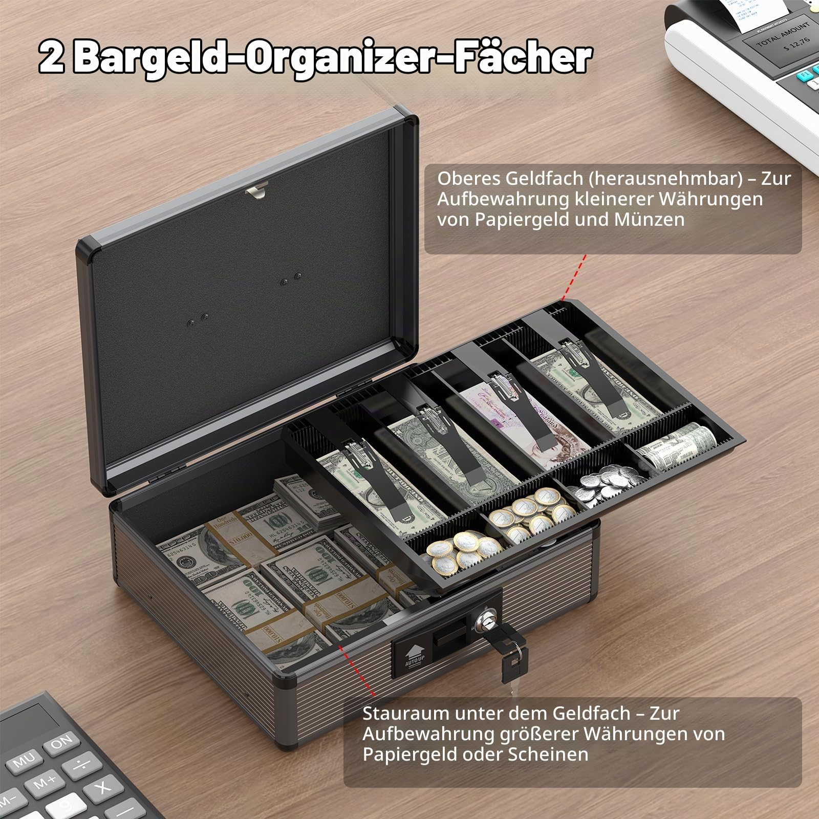 Geldkassette mit Geldfach und Schlüssel, sicherer Geldbehälter für Bargeld, tragbare Geldkassette mit Stauraum im Boden, Ordnungshelfer zum Geldsparen für Zuhause und Büro,34 * 29 * 13cm