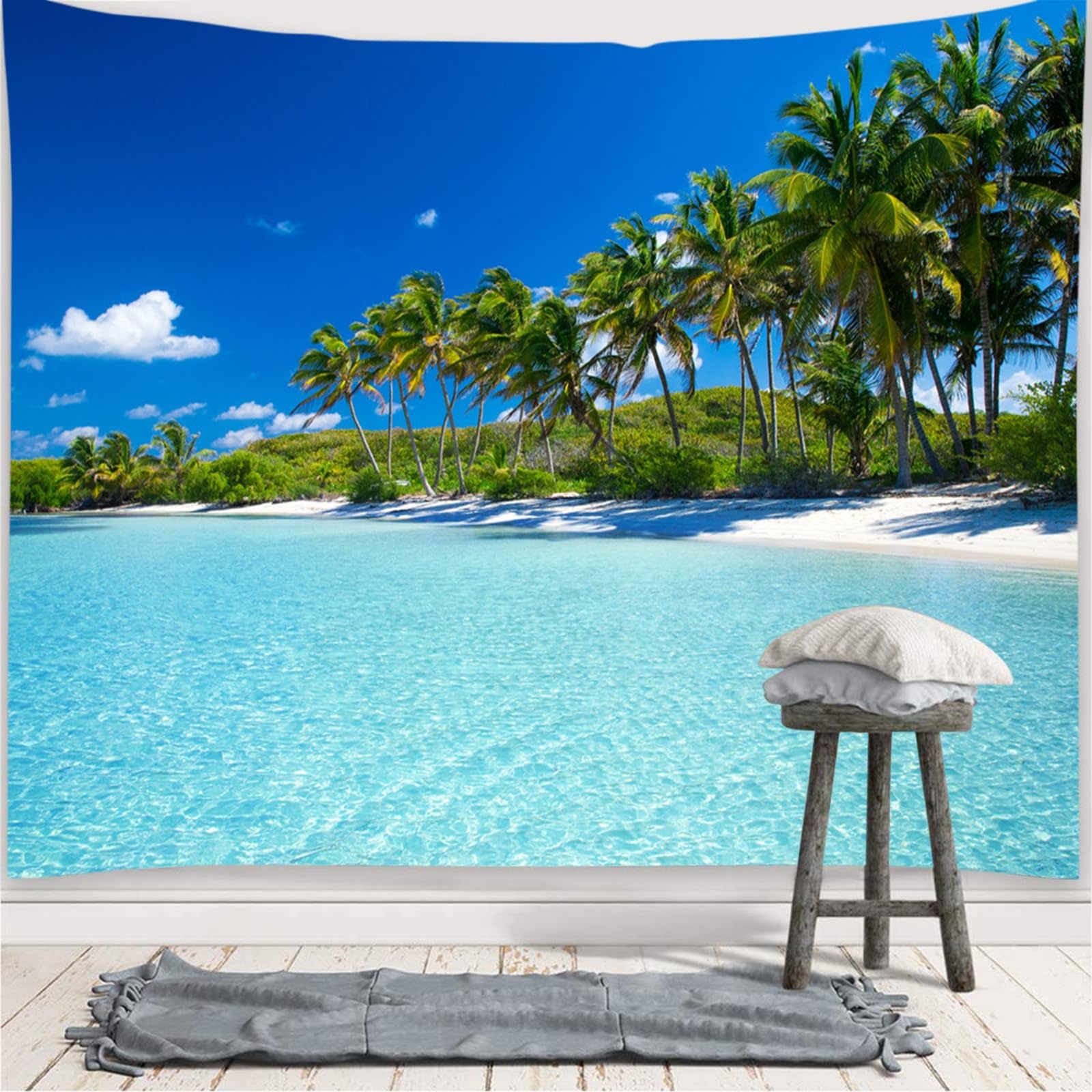 Arazzo da parete naturale spiaggia mare paesaggio murale blu grande telo decorativo da parete per esterni, 300 x 260 cm