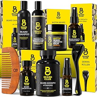 The Beard Club Supreme Kit de Crecimiento de Barba - Rodillo Derma, Aceite de Crecimiento, Vitaminas, Spray de Vitaminas, Bálsamo de Biotina, Acondicionador Espesante, Champú, Peine y Spray Limpiador