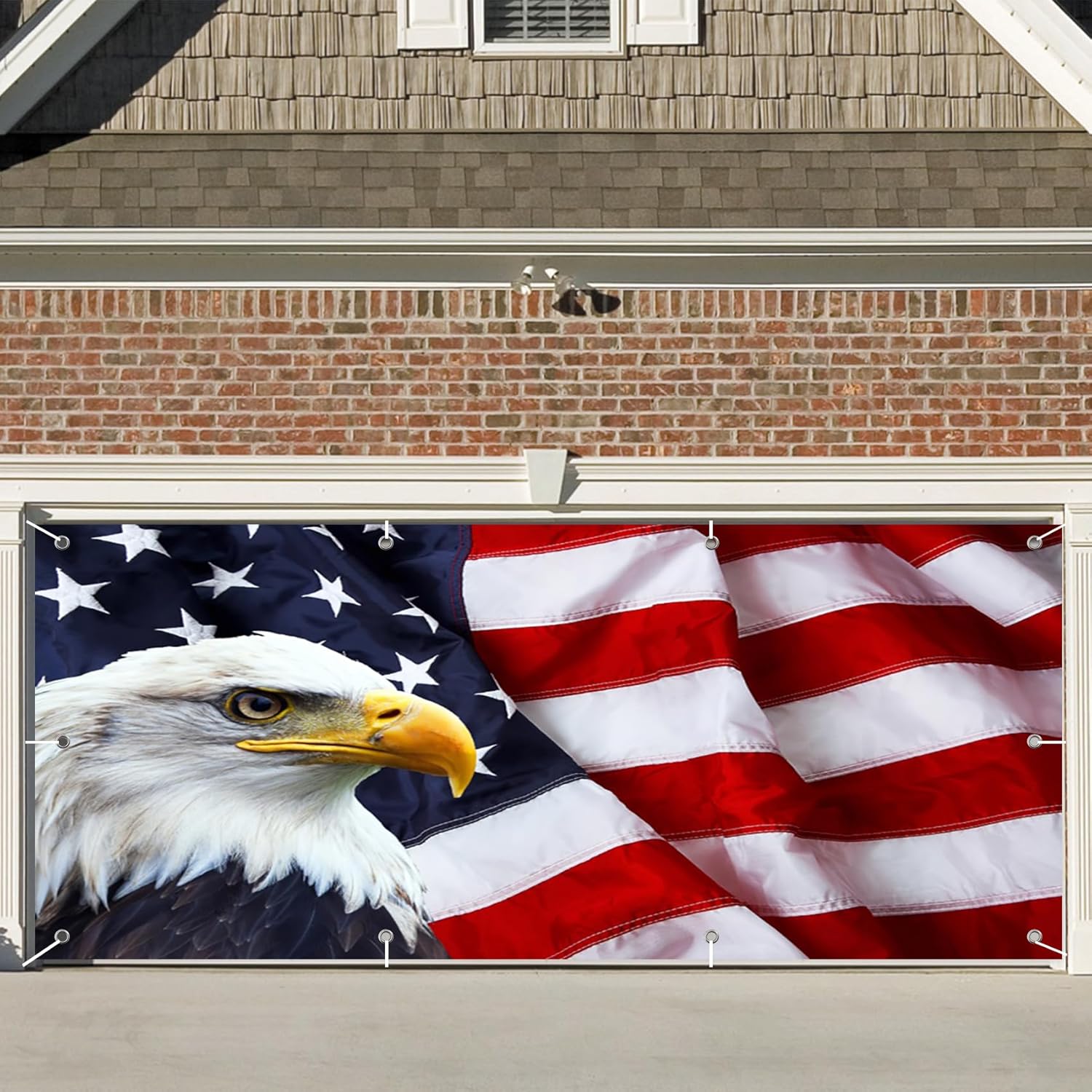 CSFOTO 7x16ft American Flag and Bald Eagle Theme Garage Door Decorative Banner Labor Day Patriot Day Garage Decoration Wallpaper Patriotic Veterans Party Banner Supplies