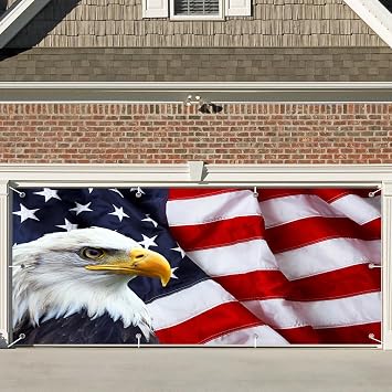 6x13ft American Flag and Bald Eagle Theme Garage Door Decorative Banner Labor Day Patriot Day Garage Decoration Wallpaper Patriotic Veterans Party Banner Supplies