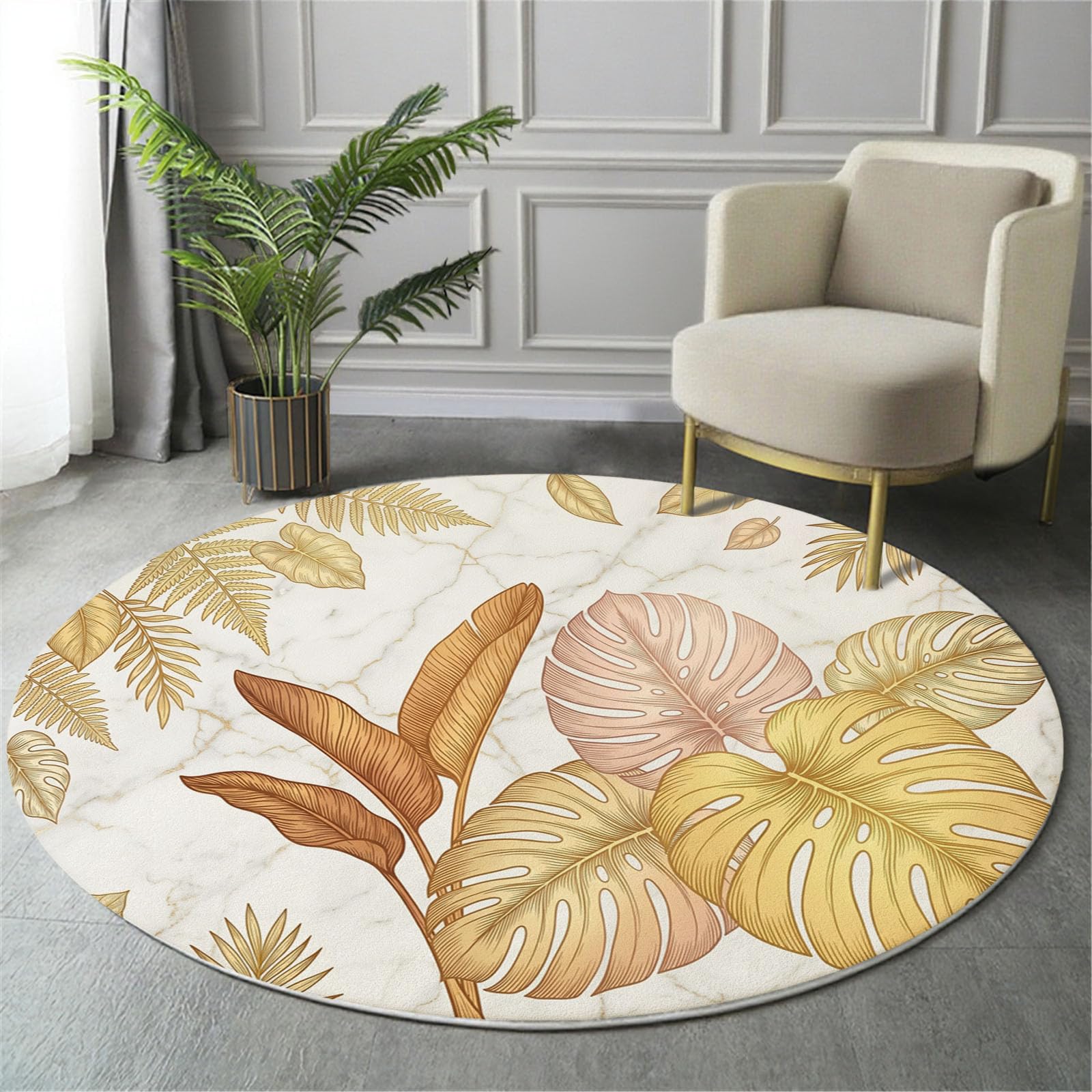 Tappeto Salotto Rotondo Grande Pelo Corto, Monstera Deliciosa Foglie Banano Grandi Antiscivolo Tondo Moquette, Soggiorno Bambini Camera,Cucina,Bagno,Domestica Decor Tappeti (Ø 100 cm,Oro)