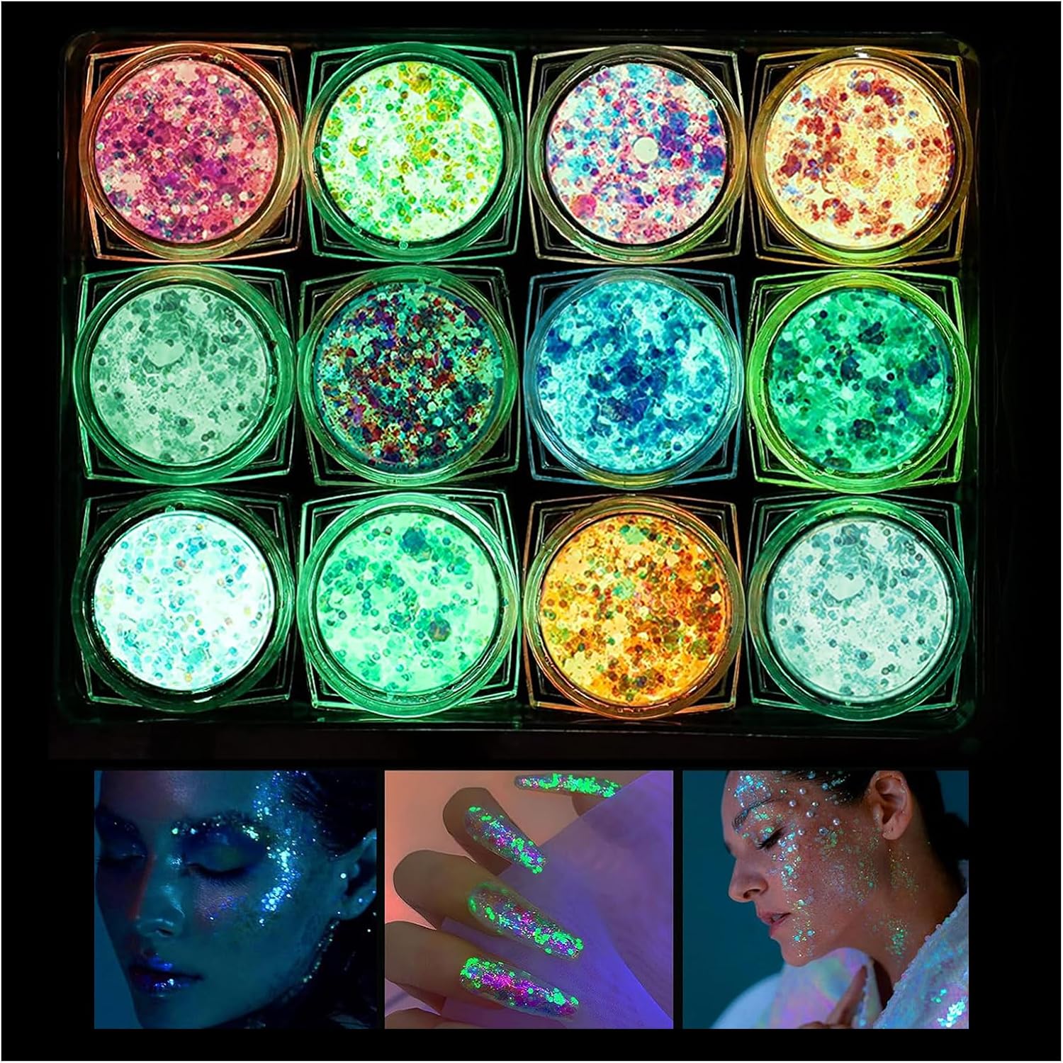 Oplichtende glittergel, 12 kleuren make-up glitter, holografische pailletten set, lichaamsglitter fluorescerende pailletten voor gezicht, lichaam, haar, schmink