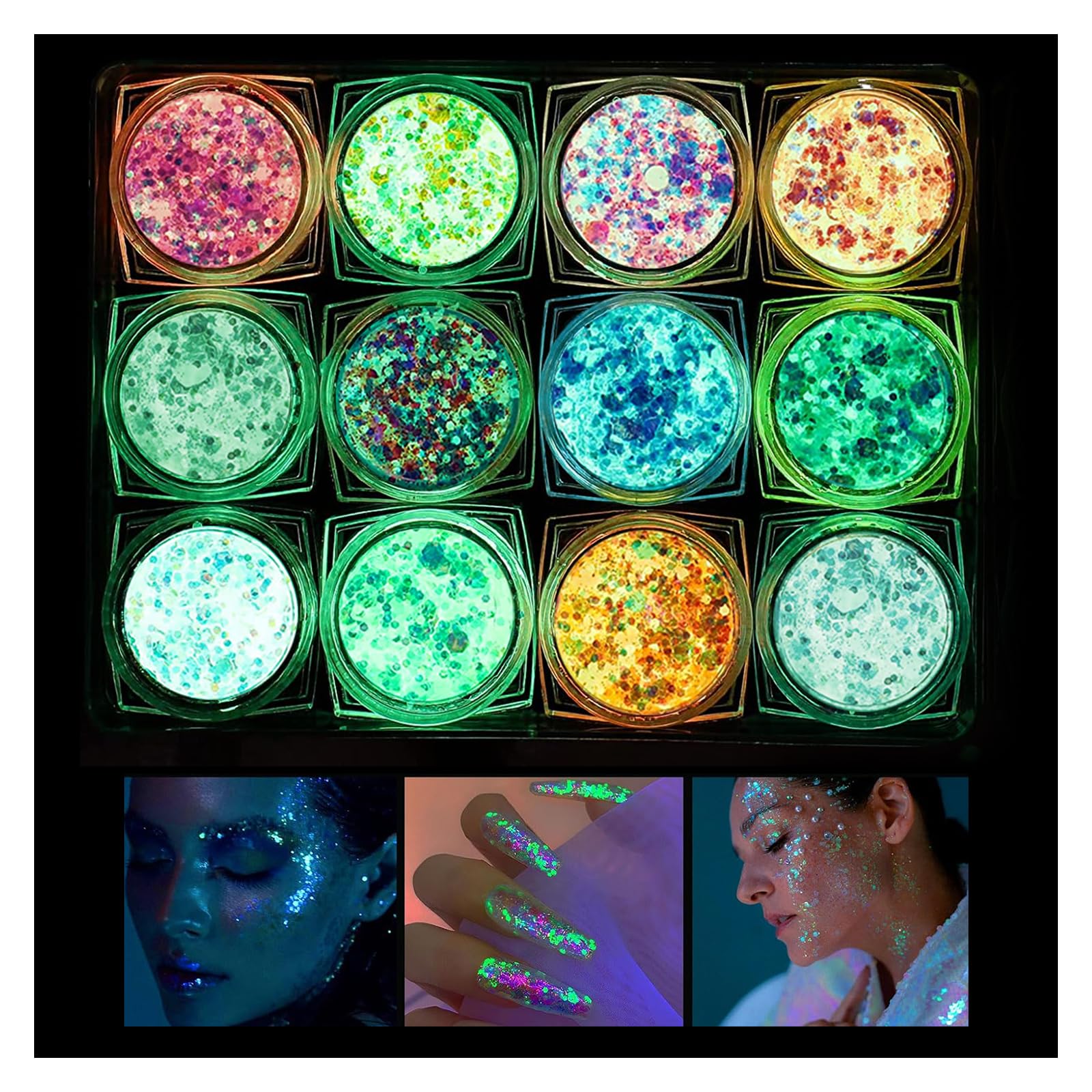 Fluorescente Paillettes Gel, 12 Colori Fluoreszierendes Glitzer, Set Glitter Iridescent, Fluorescente Paillettes per Corpo, Viso, Occhi, Capelli, Trucco, Musicali Feste, Halloween, Natale