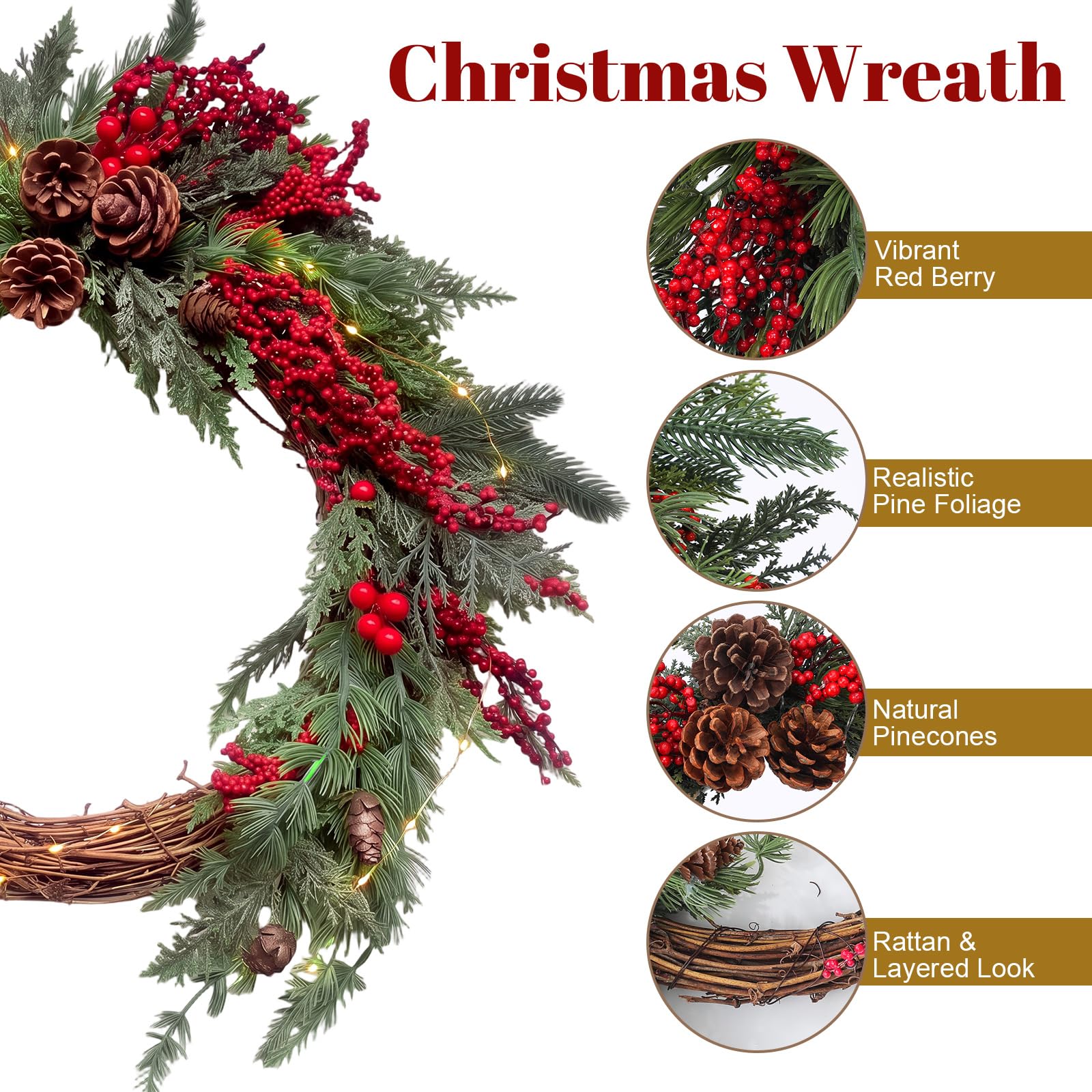 Yinder Couronne de Noël de 55,9 cm pour porte d'entrée avec lumières rouges en cèdre de pin artificiel avec pommes de pin – Couronne de Noël lumineuse avec pommes de pin – Couronne de Noël pour porche