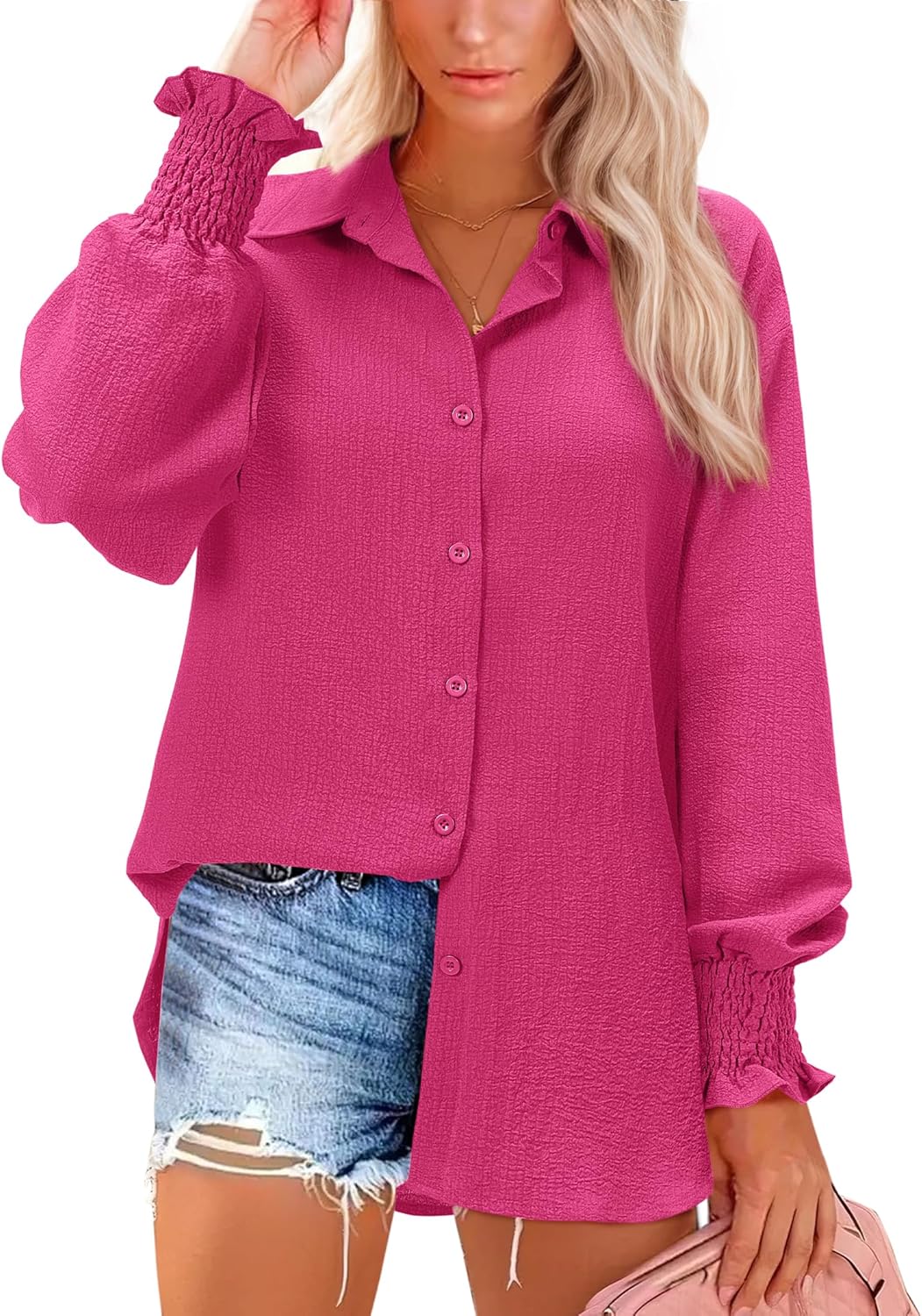 siliteelon Button Down Striped Shirts for Women Smocked Cuffed Long Sleeve Oversized Boyfriend Blouses Collared Work Tops