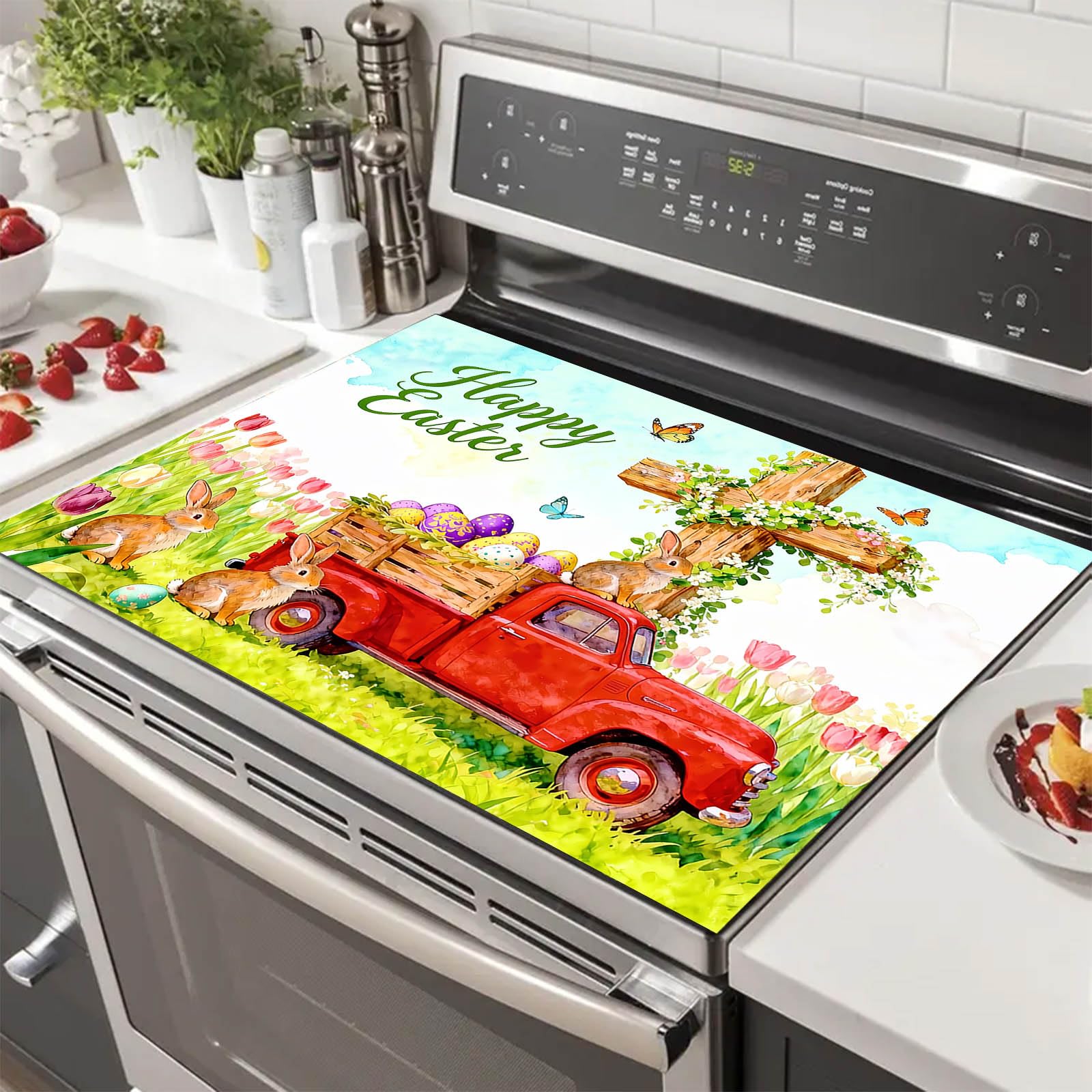 HOMETITUTE Easter Bunny Stove Top Cover 28x20 Vintage Truck Heat Resistant