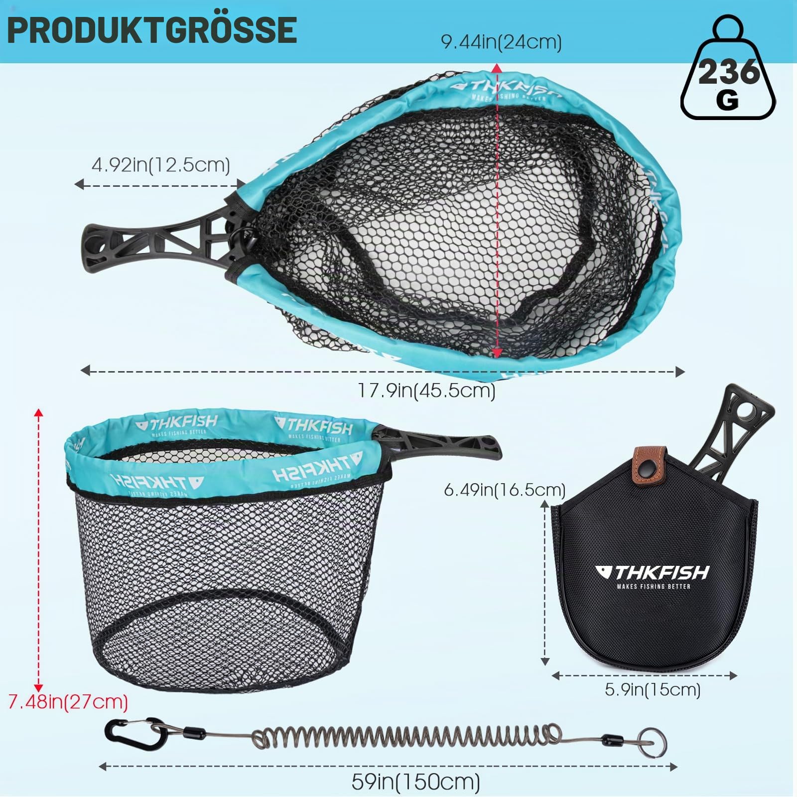 THKFISH Fliegenfischen Kescher, faltbarer Forellennetz mit ABS-Griff, gummiertes Netz, Forellennetz mit Angeltasche für Forellenbarsch, Fangen und Freigaben, tragbares Fliegenfischzubehör, M/L