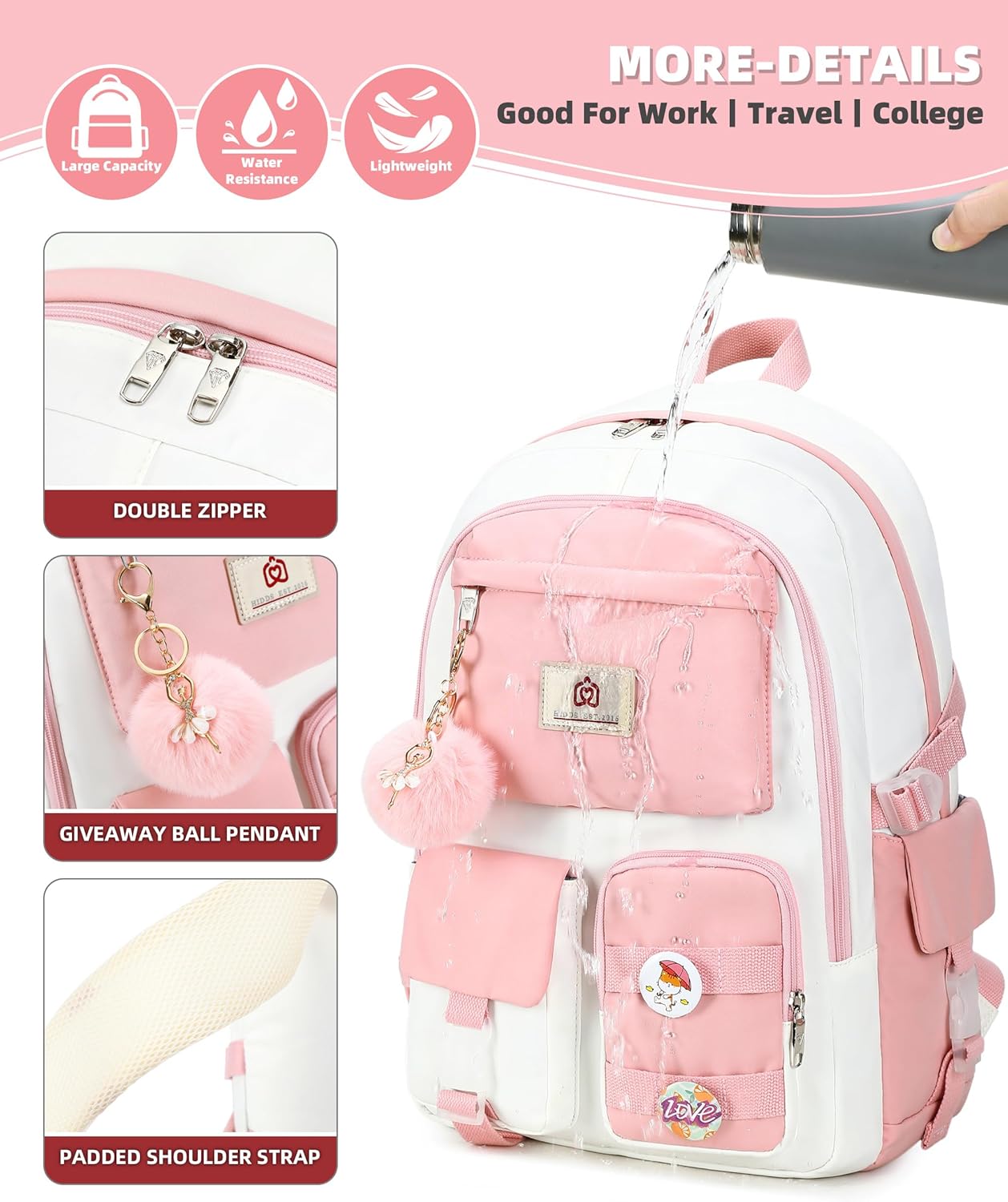 Hidds Laptop Backpacks 15.6 Inch School Bag Elementary Middle High College Backpack Cute Bookbags Anti Theft Travel Back Pack Casual Daypack Kids Book Bag for Teens Girls Women Students-Pink Beige - Image 6