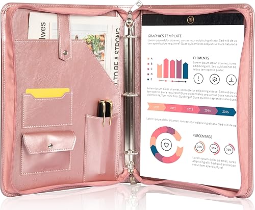 Calfinder Carpeta de cuero con 3 anillos, carpeta de piel sintética para mujer, organizador de cartera de negocios rosa con soporte para bloc de