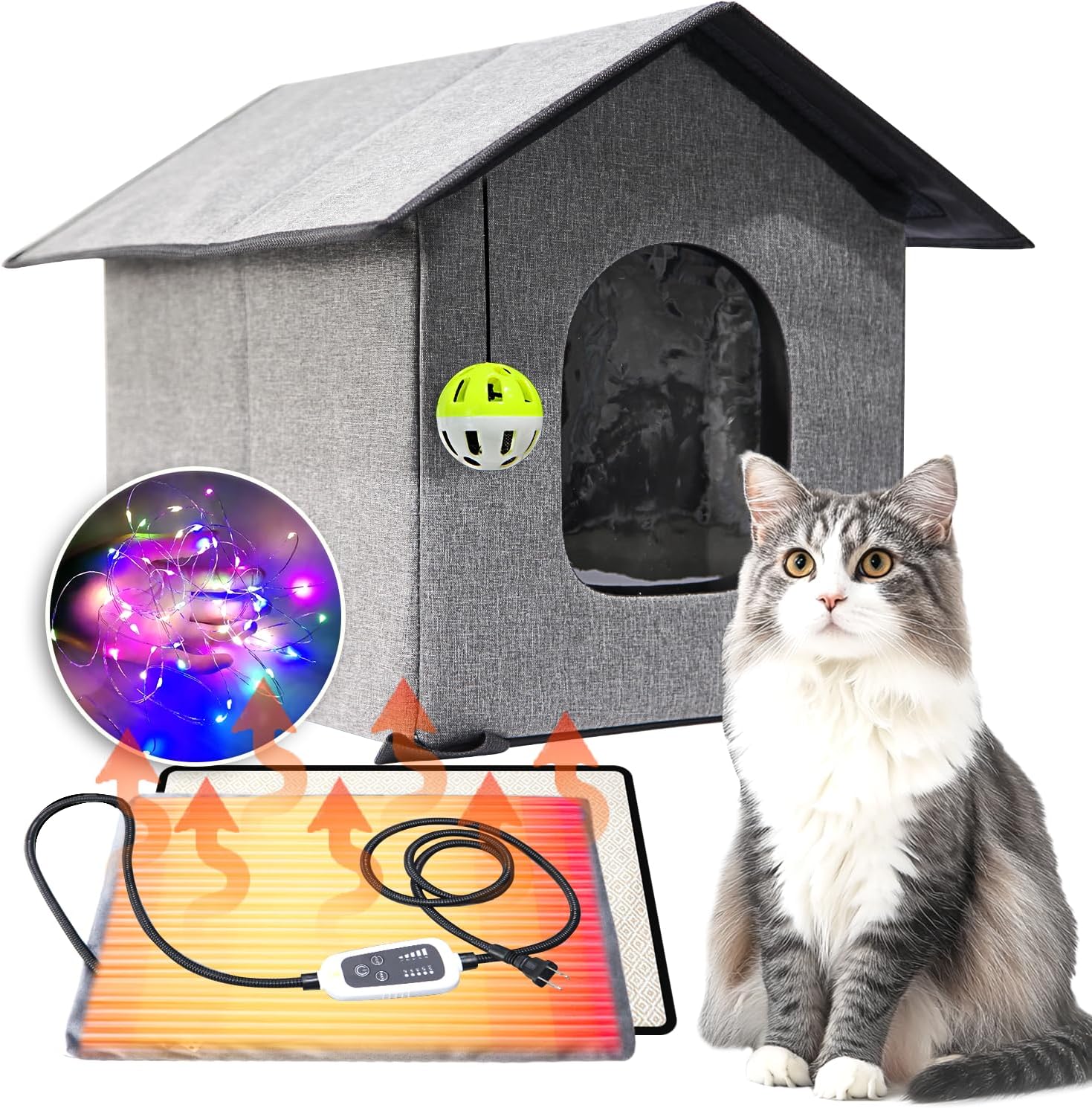 Heated Cat House for Outside-Waterproof & Windproof Outdoor Cat Shelter with Removable Heating Pad & LED Lights for All Seasons(Gray, 12"x15")