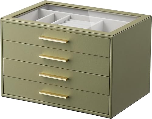 Miniatura 14 de Caja Organizadora de Joyas para Mujeres: Estuche de Almacenamiento de Joyas de 3 Capas con Ventana de Cristal, Cuero Verde Oliva con Terciopelo