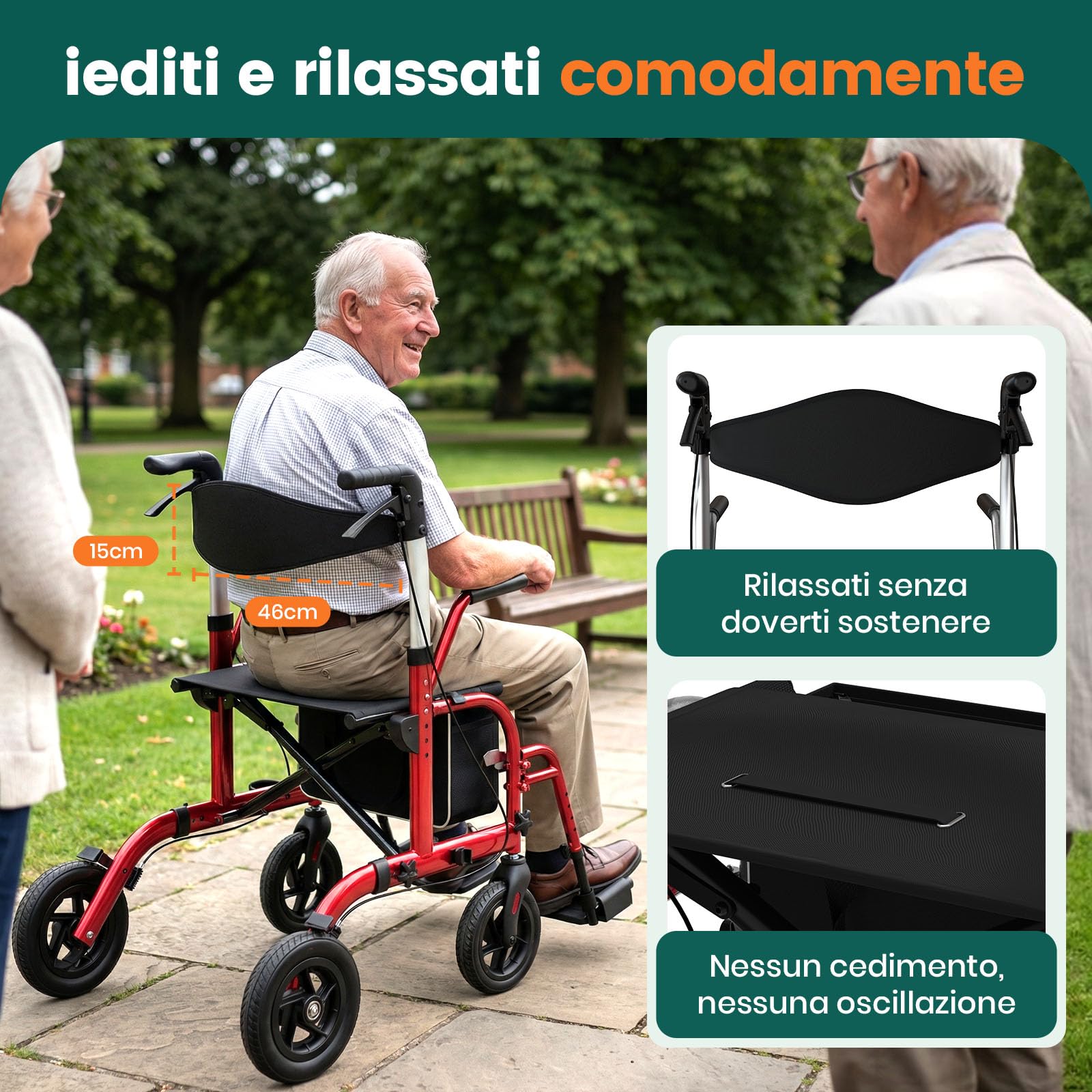 Rollator con seduta 2-in-1, Rollator 4 ruote & Sedia da trasporto, Portata 136 kg, Ruote TPU 8"" anteriori & 10"" posteriori, Doppio freno, Pieghevole, Altezza regolabile, Borsa portaoggetti – Rosso