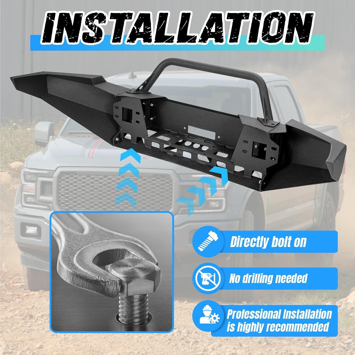‎KUAFU Front Bumper Assembly Compatible with 1999-2004 Ford F250 F350 F-250 F-350 Super Duty Steel Powder Coated w/Winch Plate Two Packages