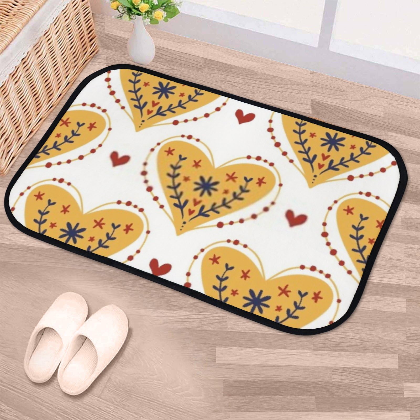 Nuansexi Bathroom Rugs Hearts Pattern Yellow Floor Mats Non Slip Bathmat Doormat Tub Mat Coral Velvet Absorbent Entrance Carpet Mats Machine Washable Bedroom Decor