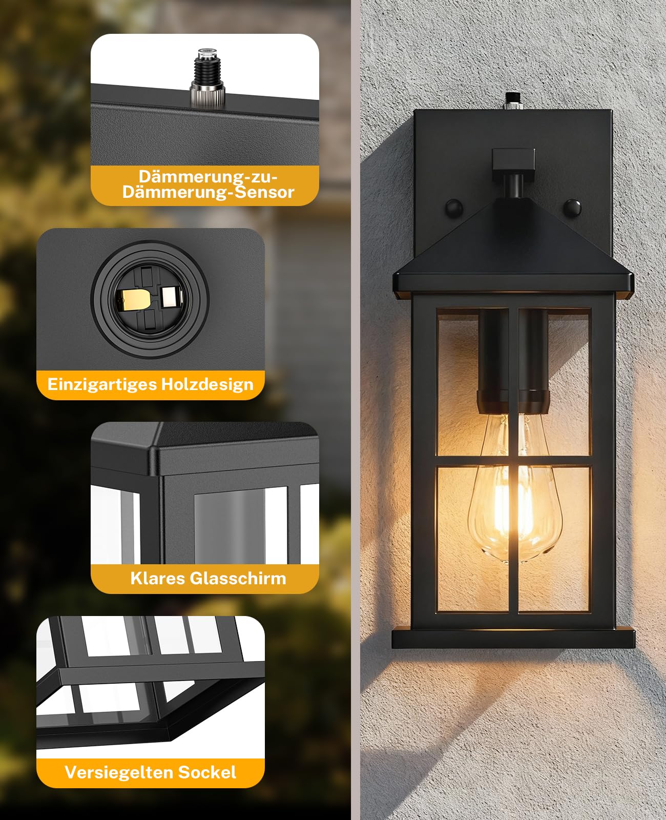 Aussenleuchte mit Dämmerungssensor, Groß Aussenlampe Wand mit Dämmerungssensor Wandleuchte für Außen mit Klarglasschirm E27 Ausenbeleutung Hauswand für Veranda Garten