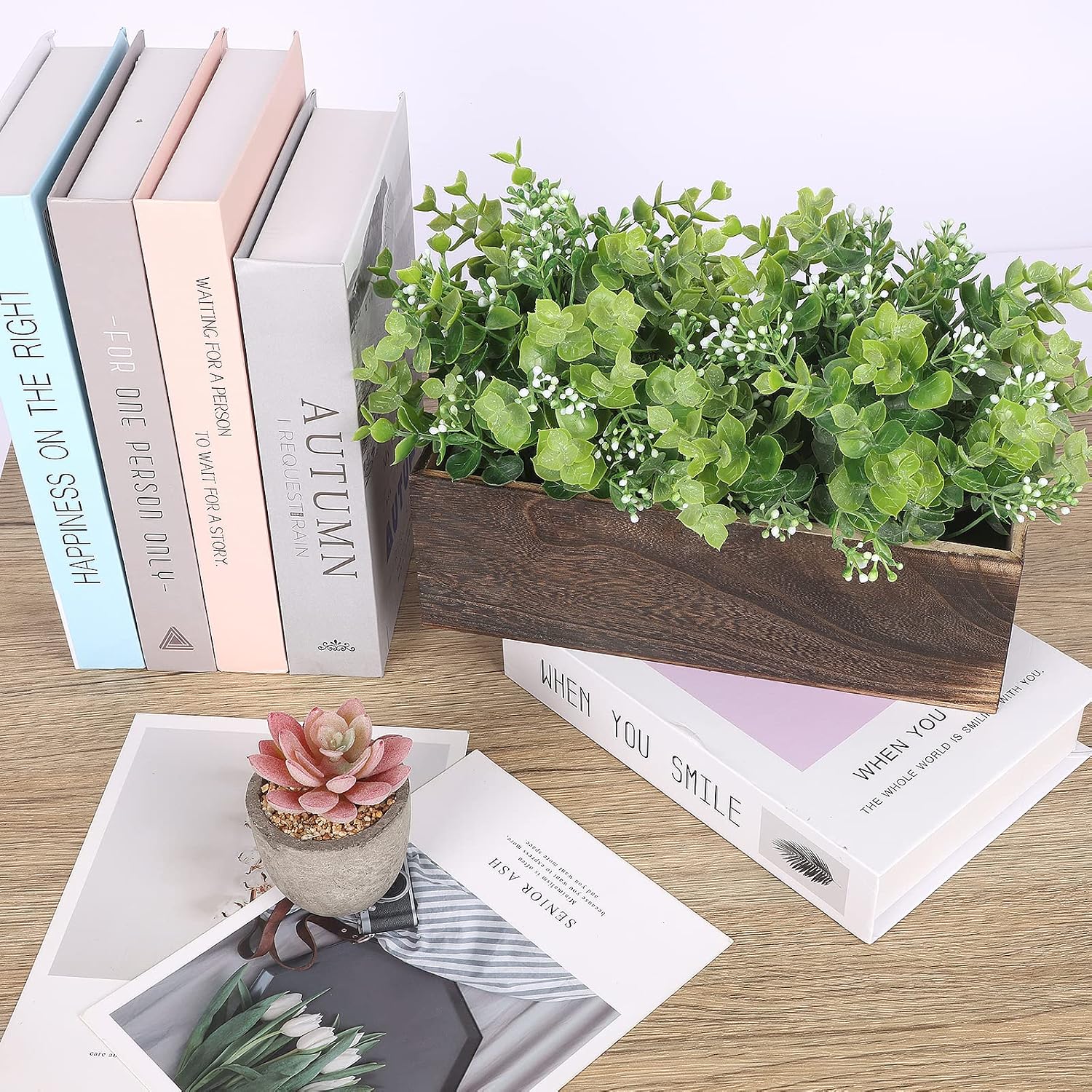 FUNARTY Artificial Eucalyptus in Rectangular Wood Box, Potted Fake Plants and Mantle Greenery Arrangement for Windowsill Décor and Centerpiece for Table