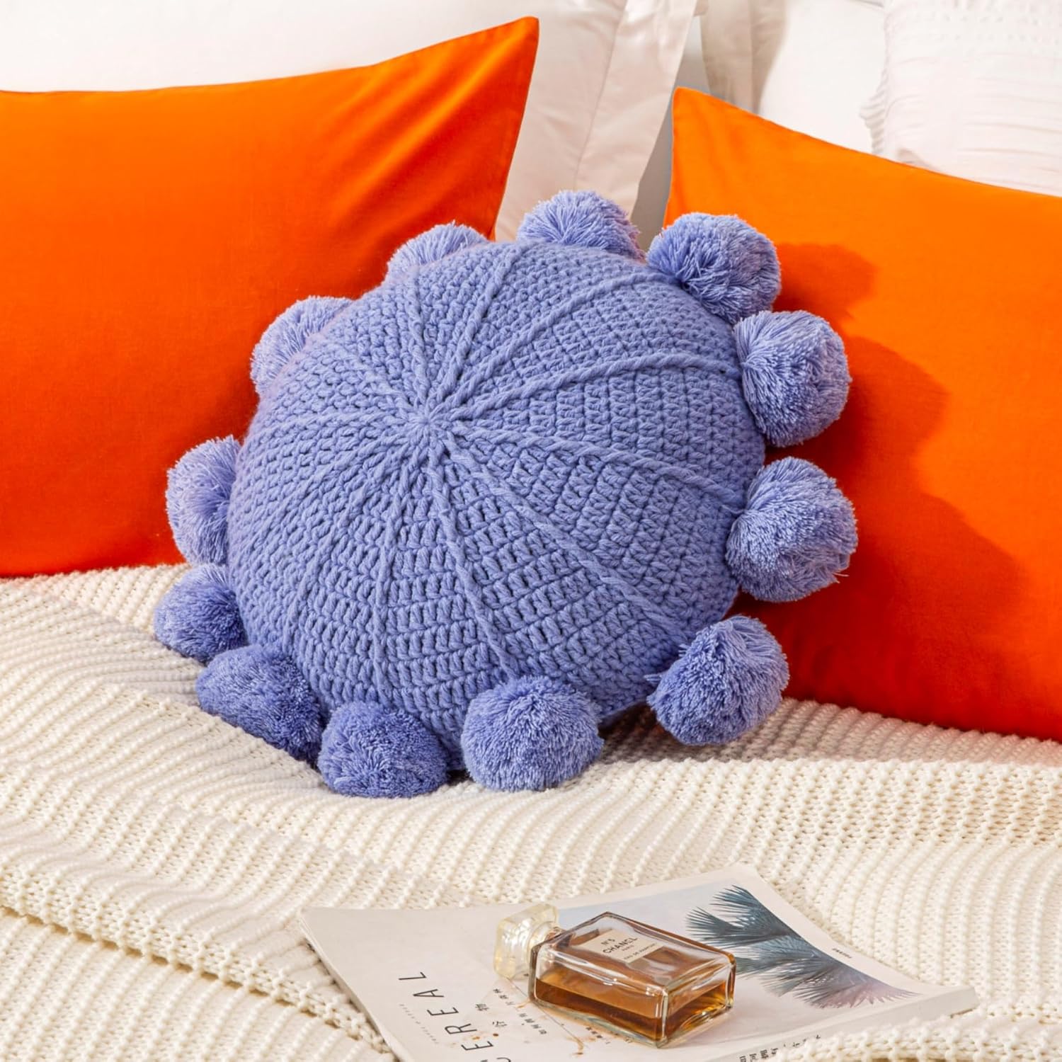 Knitted Throw Pillow Round Bohemian Round Pillow Decorative Pillow with Pom Pom (Purple, 18inch)
