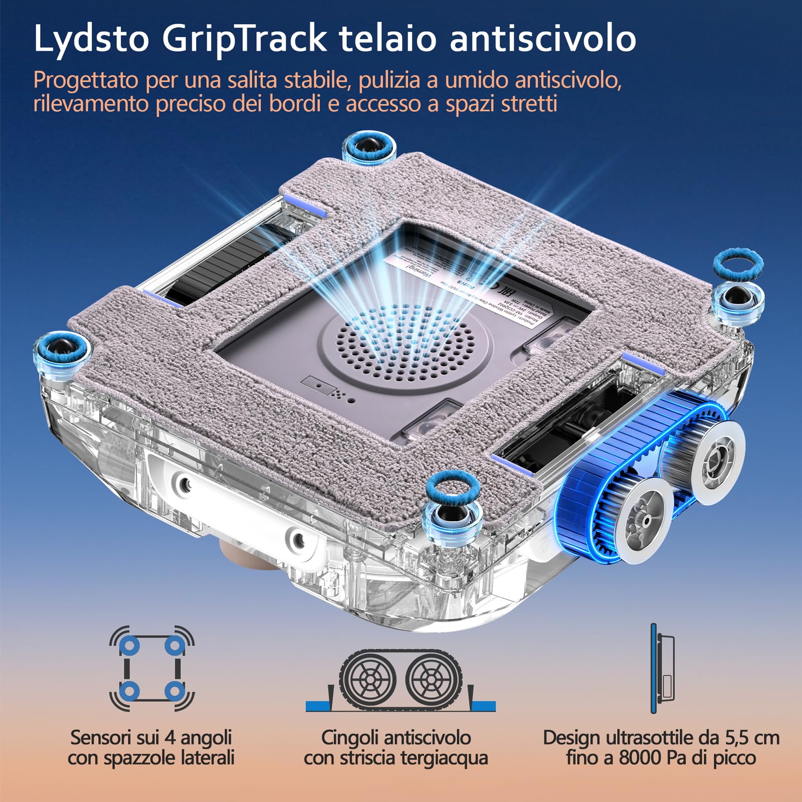 Lydsto WL07Max Robot Lavavetri Compatto, Quattro Ugelli ad Ultrasuoni, Pulizia Degli Angoli, 8000 Pa Lavavetri Elettrico, Serbatoio da 110ML, 4 Modalità di Pulizia