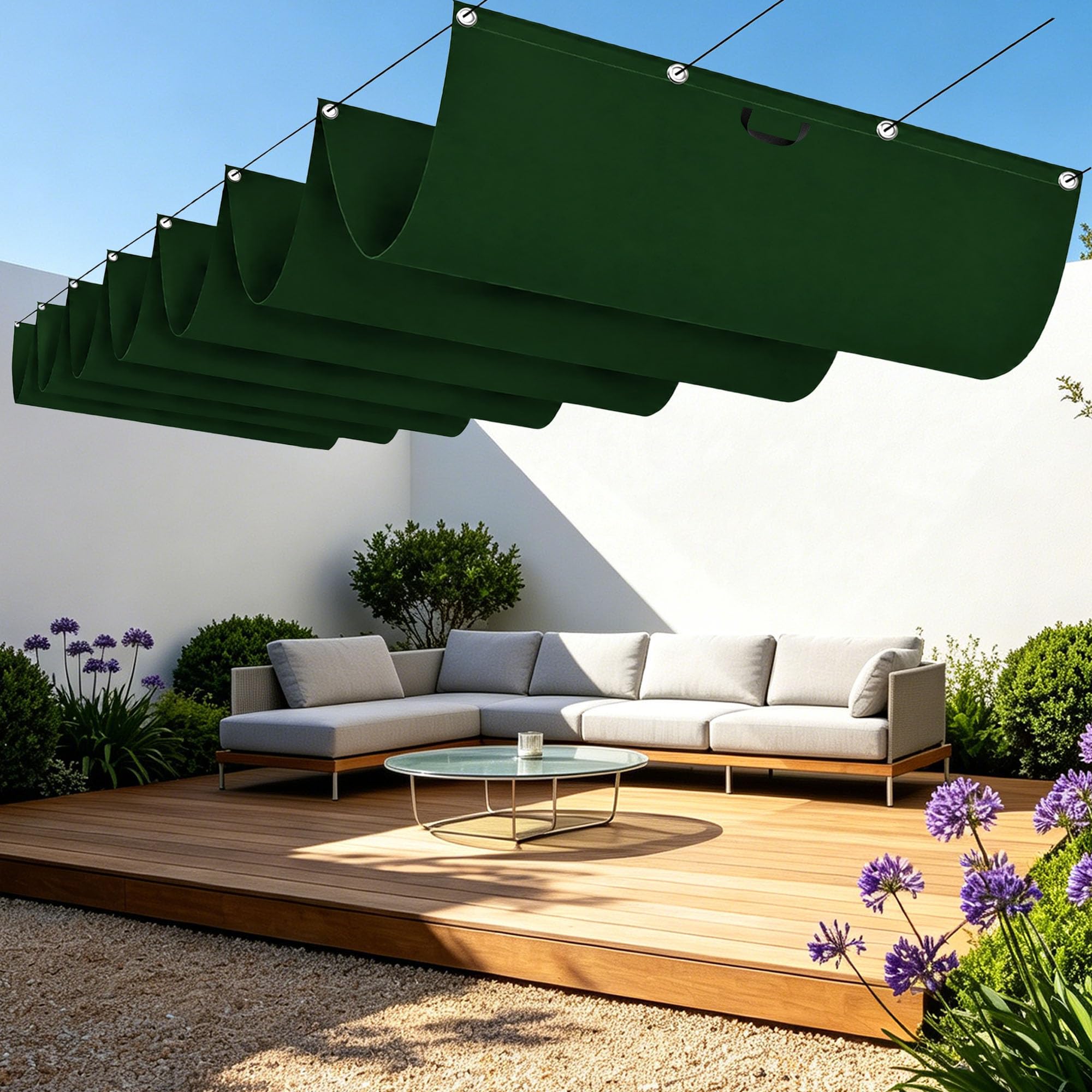 Voile d'ombrage pour jardin et terrasse grand rectangle vague vert 950 x 340 cm