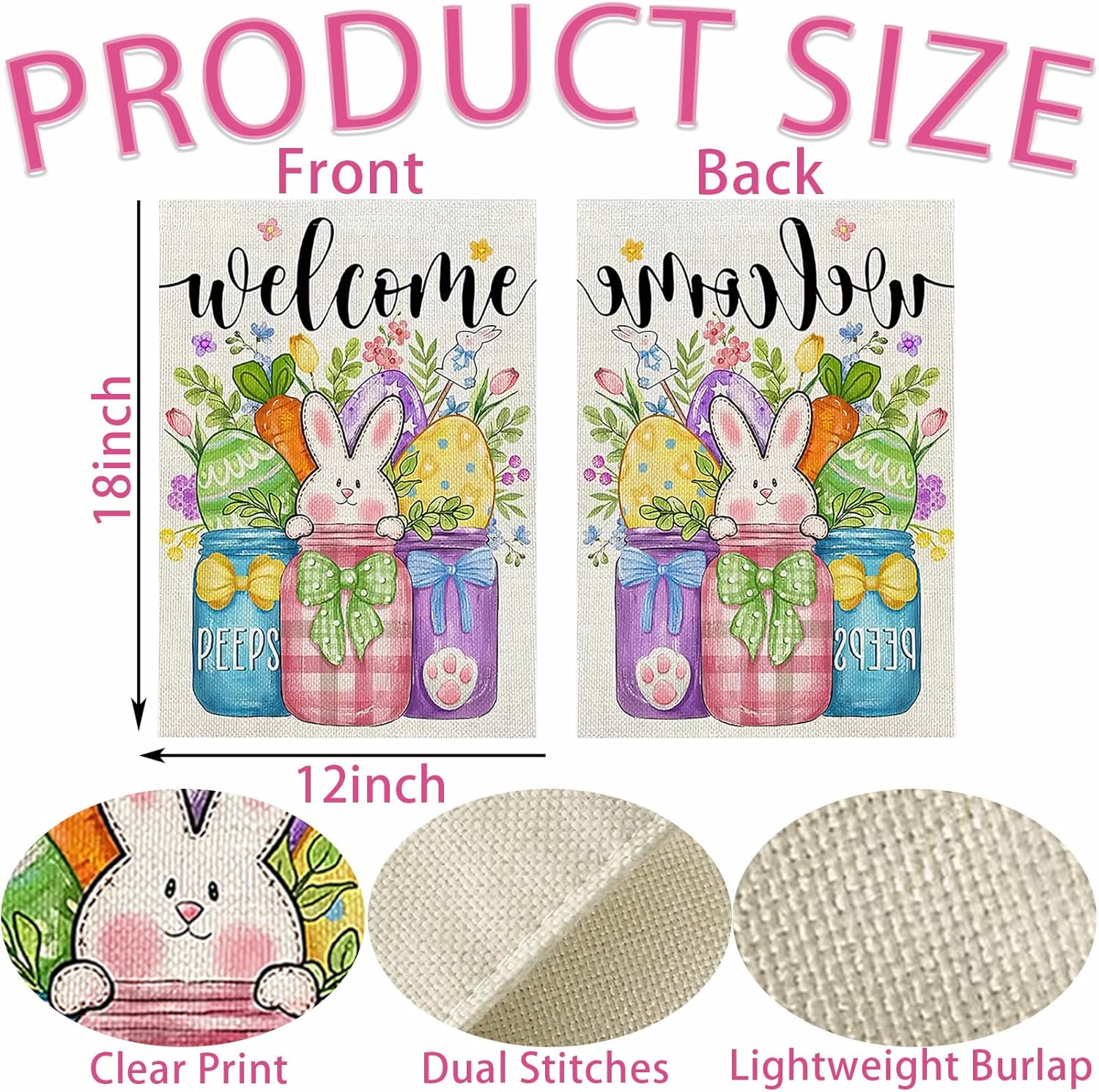 Easter Egg Bunny Garden Flag Spring Flower Welcome Garden Flag for Outside Farmhouse Yard Seasonal Decorations 12x18 Double Sided Burlap Small Yard Flag Cute Spring Flags Easter Outdoor Decor Supplies - Image 3