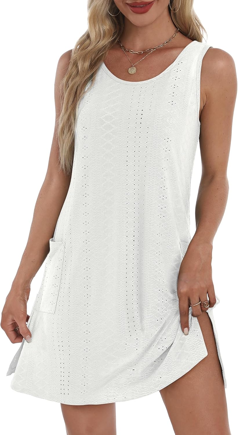 Coverup Summer Dresses for Women 2025 Eyelet Casual Loose Sleeveless Sundresses Tank Dresses with Pockets - Image 2
