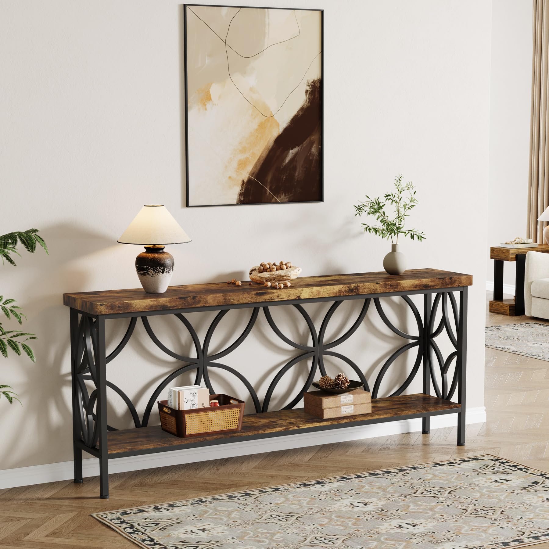 Tribesigns Wąski stolik do sofy, 160 cm, przemysłowy, długi stolik za kanapą, konsola wejściowa z miejscem do przechowywania, do salonu, foyer, unikalny design, brązowy