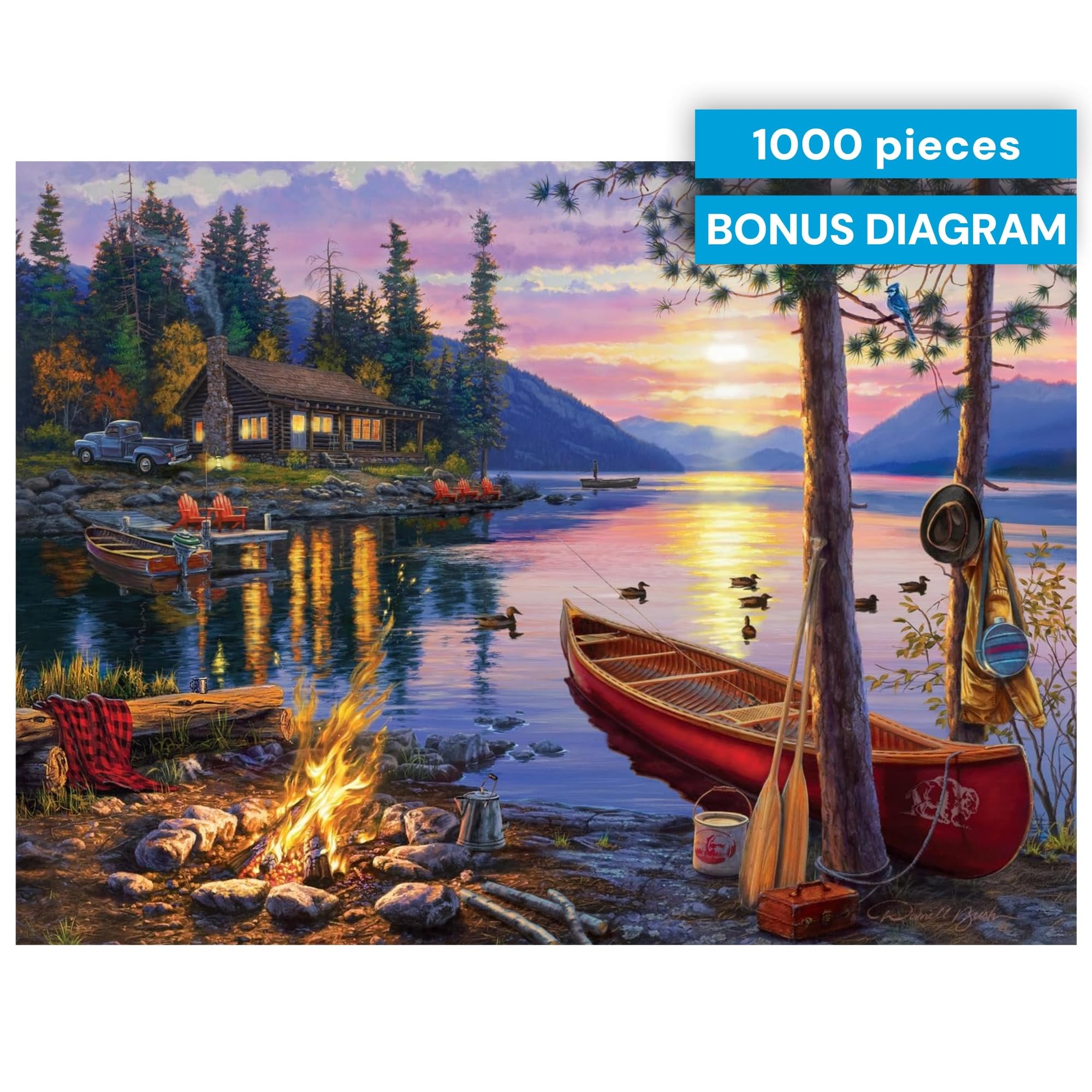 Buffalo Games - Canoe Lake 1000 Piece Puzzle for Adults - Jigsaw Puzzles – Darrell Bush Cabin Sunset Artwork with Poster – Challenging Outdoor Nature Scene